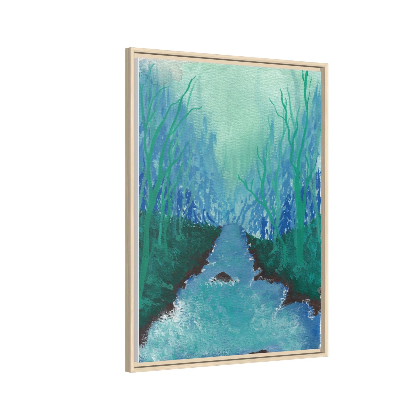Framed Matte Canvas — Teal Forest River Landscape Wall Art