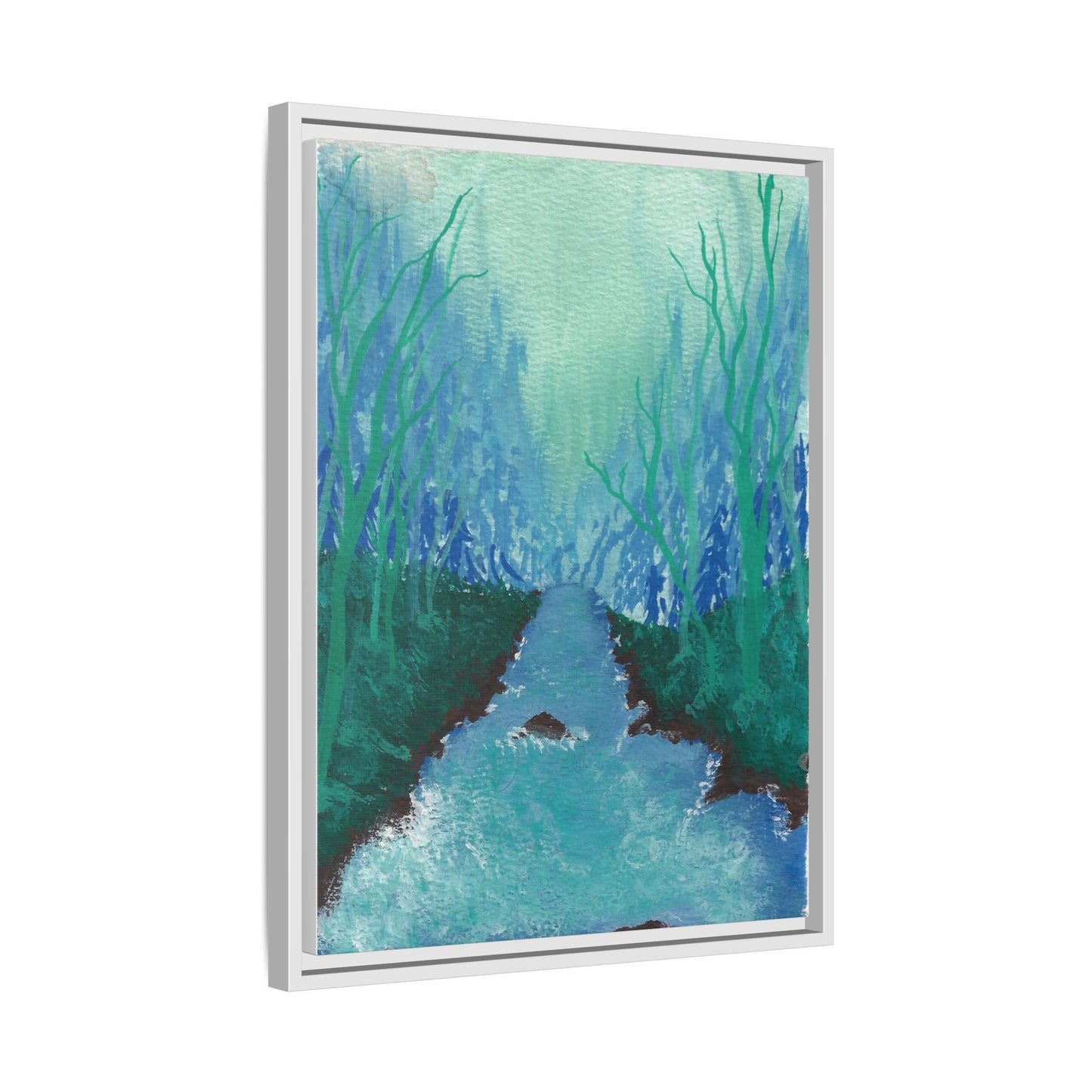 Framed Matte Canvas — Teal Forest River Landscape Wall Art