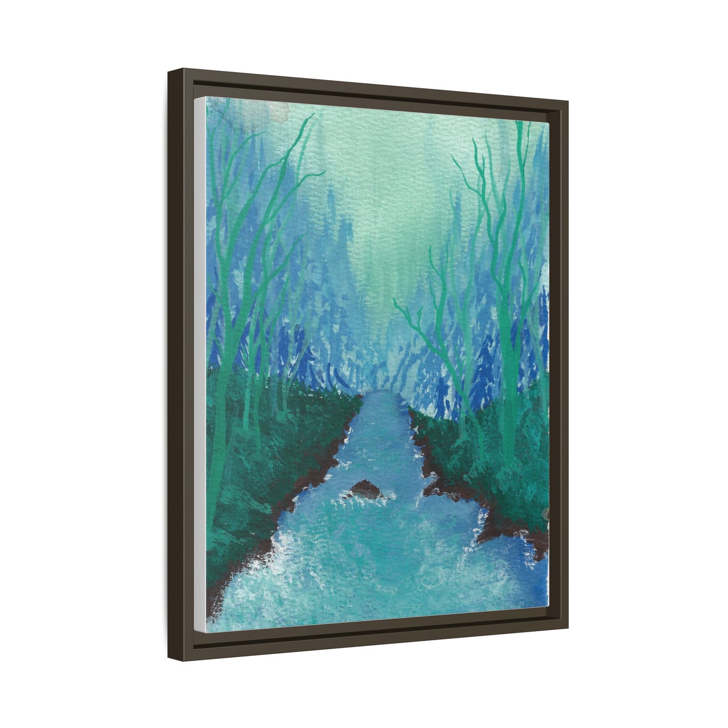 Framed Matte Canvas — Teal Forest River Landscape Wall Art