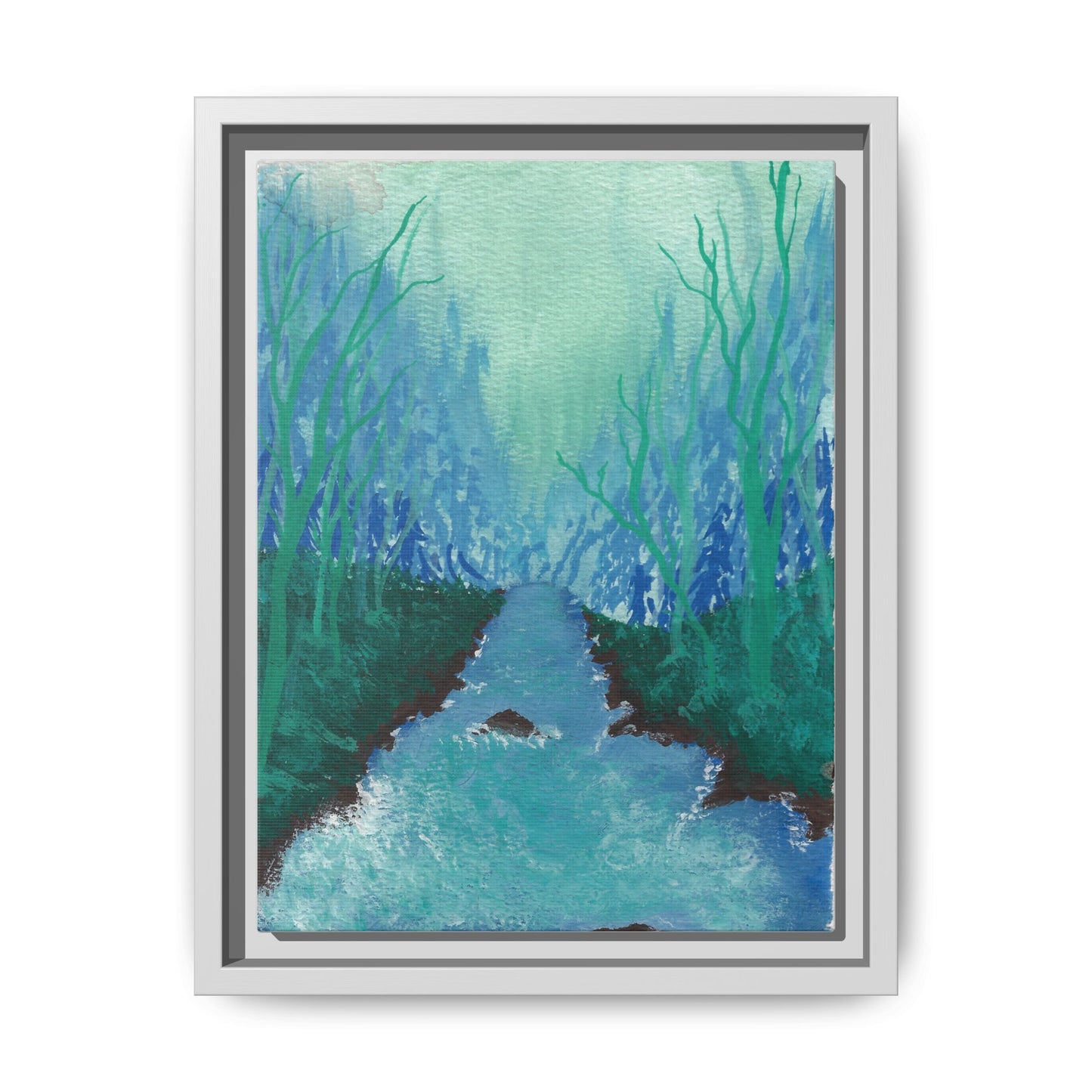 Framed Matte Canvas — Teal Forest River Landscape Wall Art