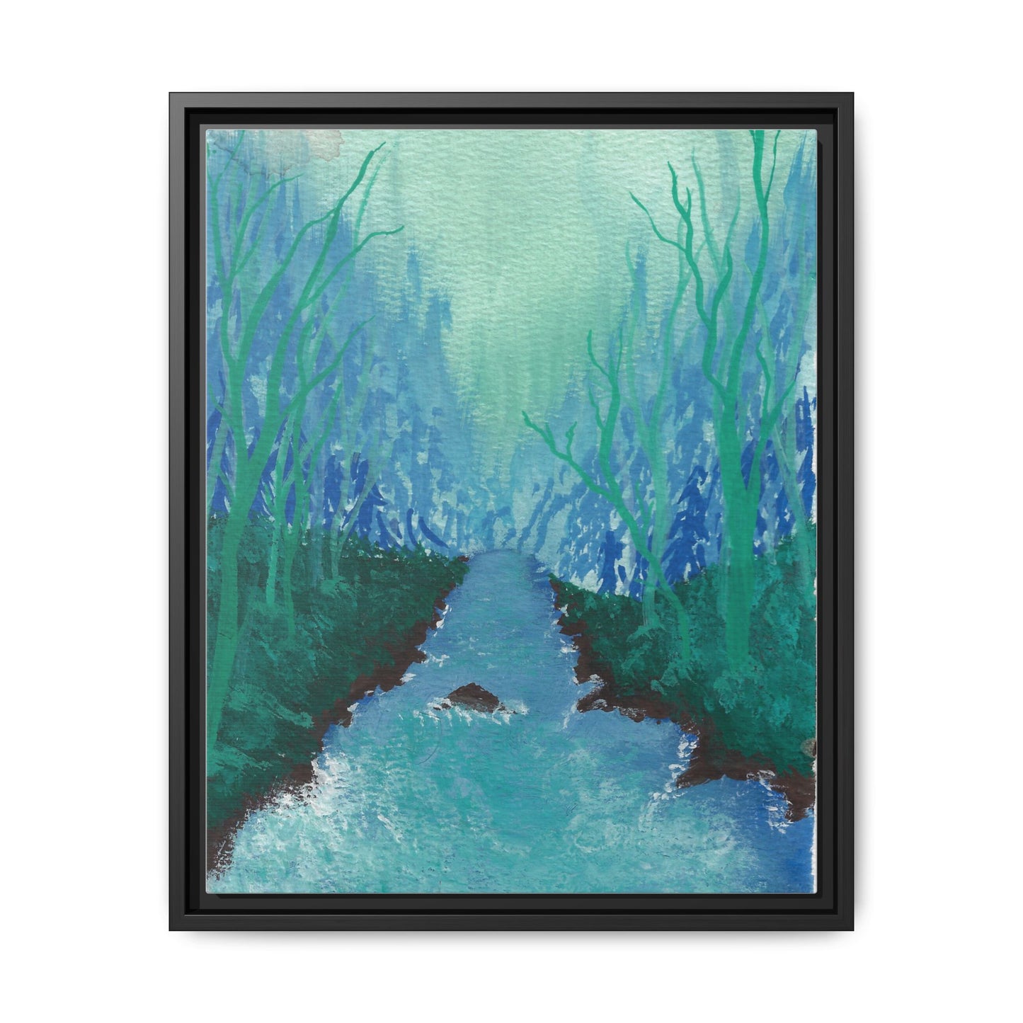 Framed Matte Canvas — Teal Forest River Landscape Wall Art