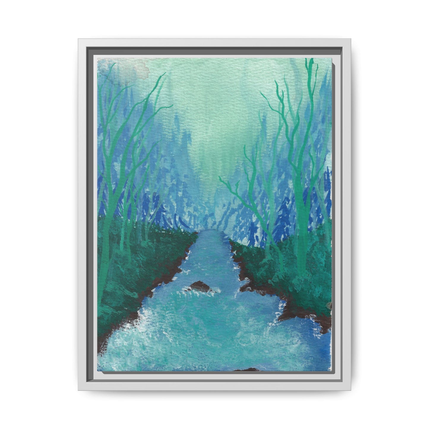 Framed Matte Canvas — Teal Forest River Landscape Wall Art
