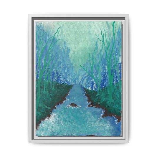 Framed Matte Canvas — Teal Forest River Landscape Wall Art