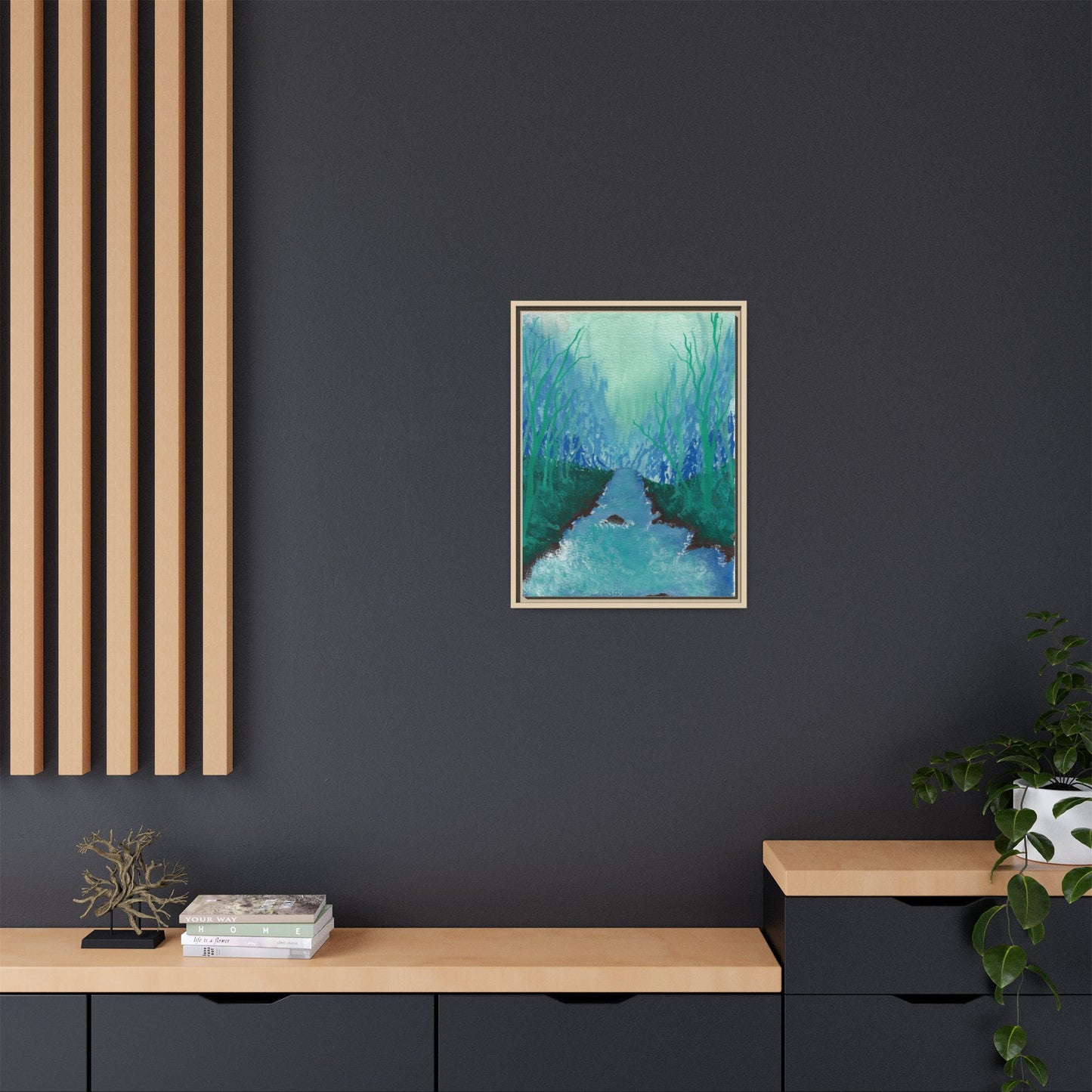 Framed Matte Canvas — Teal Forest River Landscape Wall Art