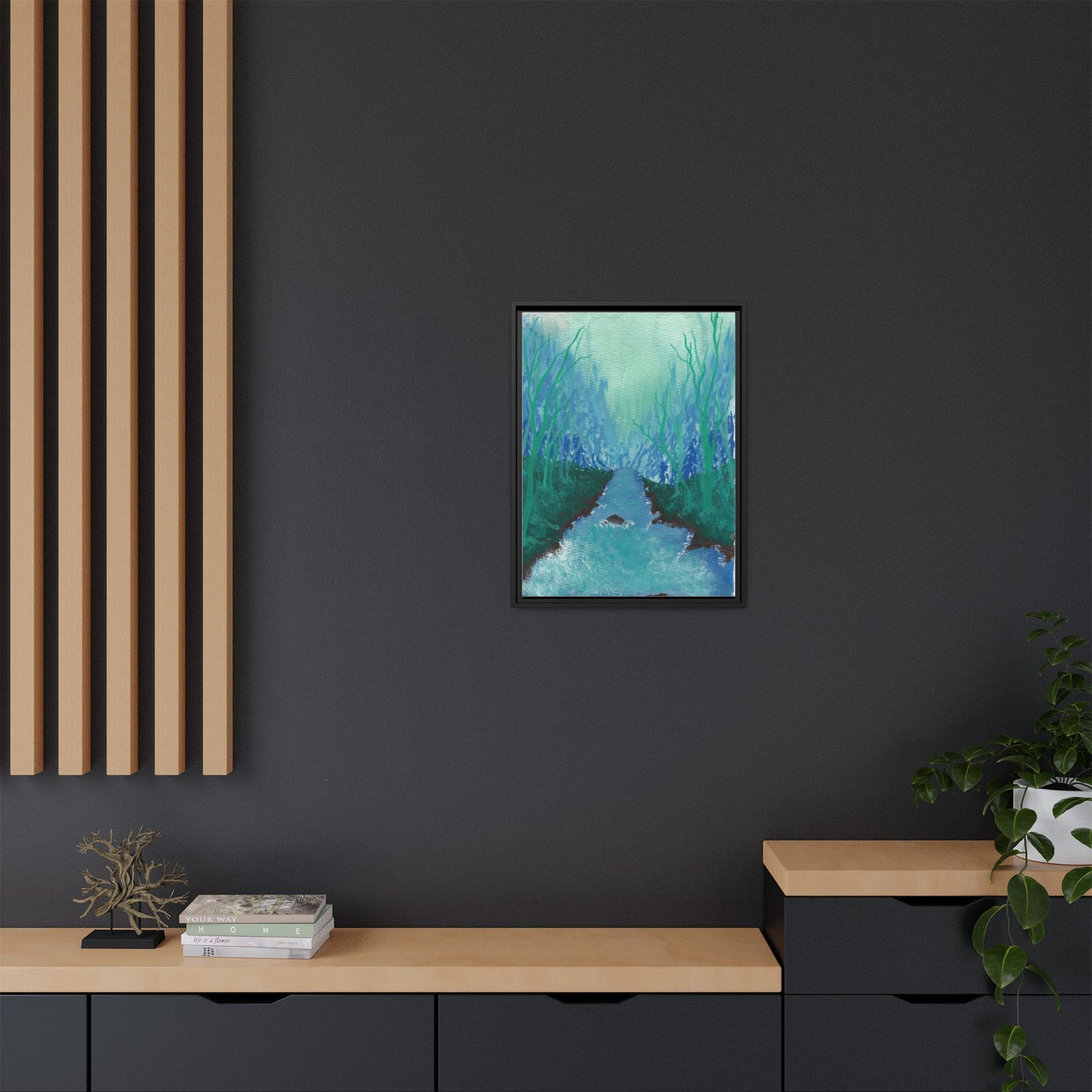 Framed Matte Canvas — Teal Forest River Landscape Wall Art