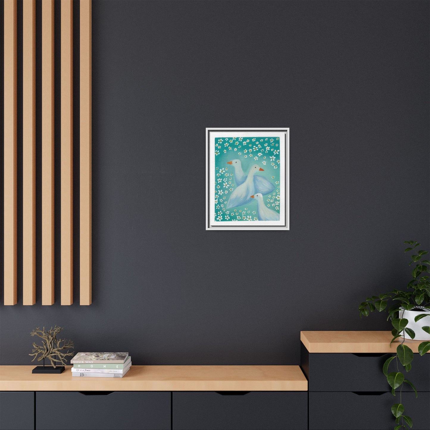Framed Goose Canvas Print — Whimsical Floral Waterfowl Wall Art