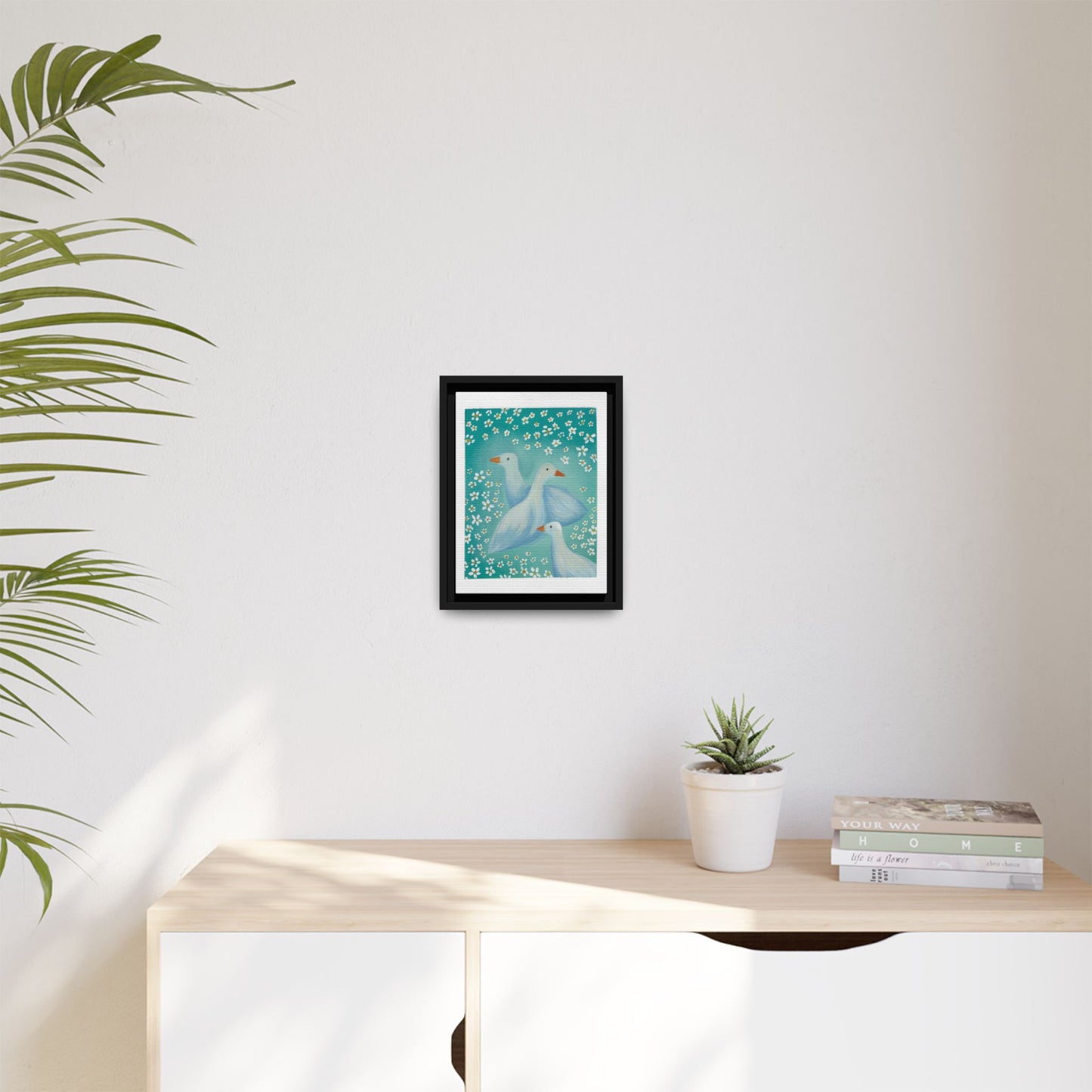 Framed Goose Canvas Print — Whimsical Floral Waterfowl Wall Art