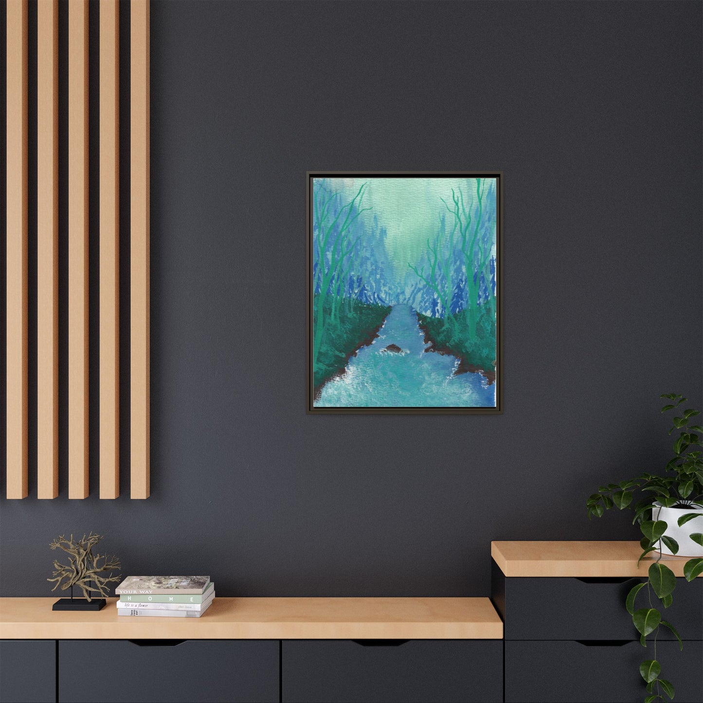 Framed Matte Canvas — Teal Forest River Landscape Wall Art