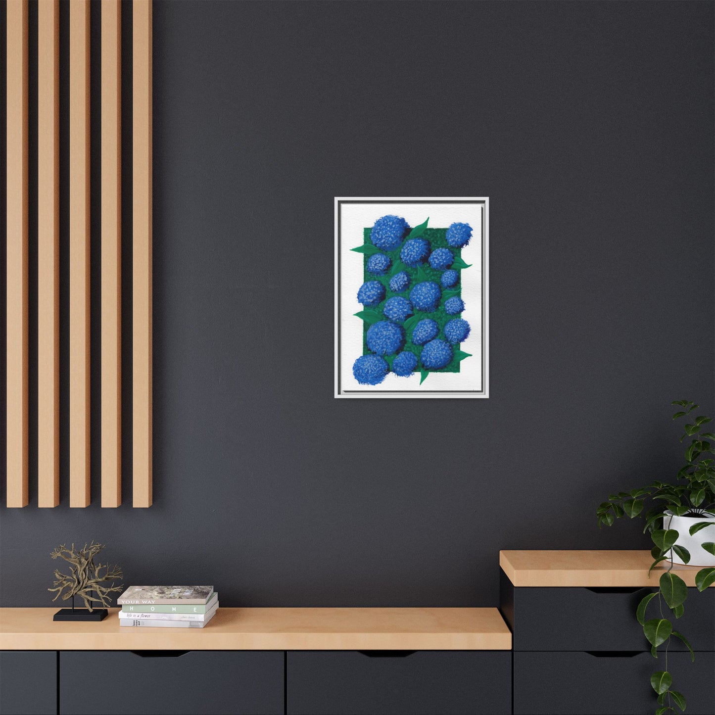 Framed Hydrangea Matte Canvas Print — Blue Floral Wall Art