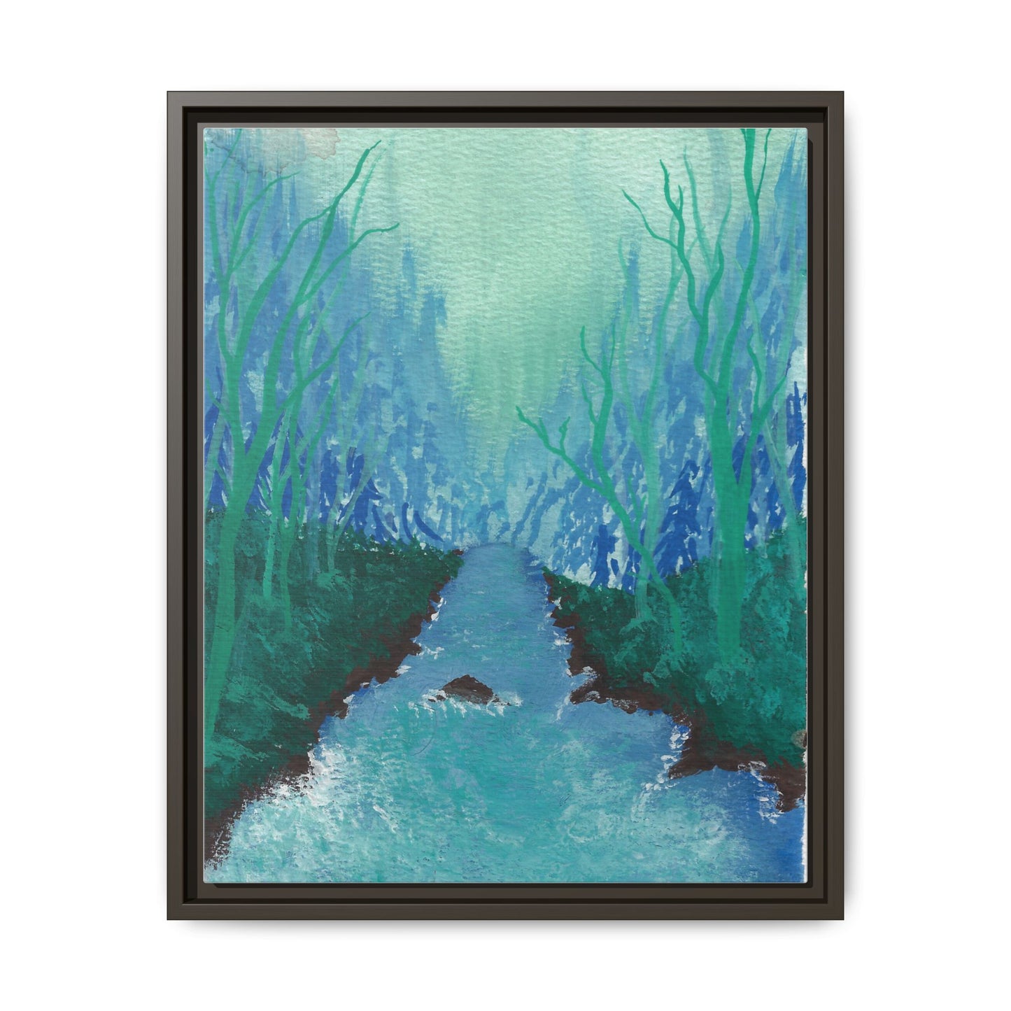 Framed Matte Canvas — Teal Forest River Landscape Wall Art