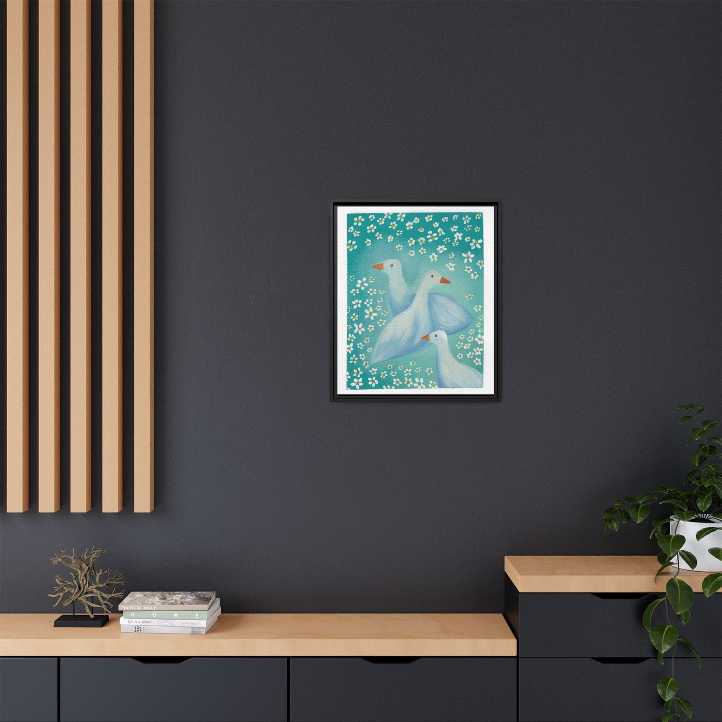 Framed Goose Canvas Print — Whimsical Floral Waterfowl Wall Art