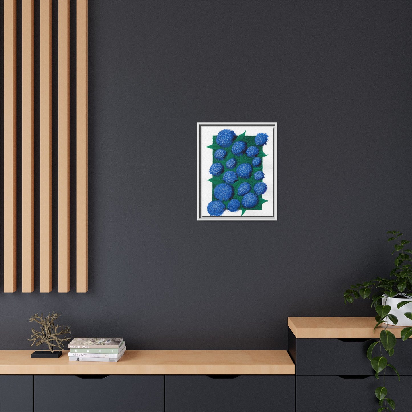 Framed Hydrangea Matte Canvas Print — Blue Floral Wall Art