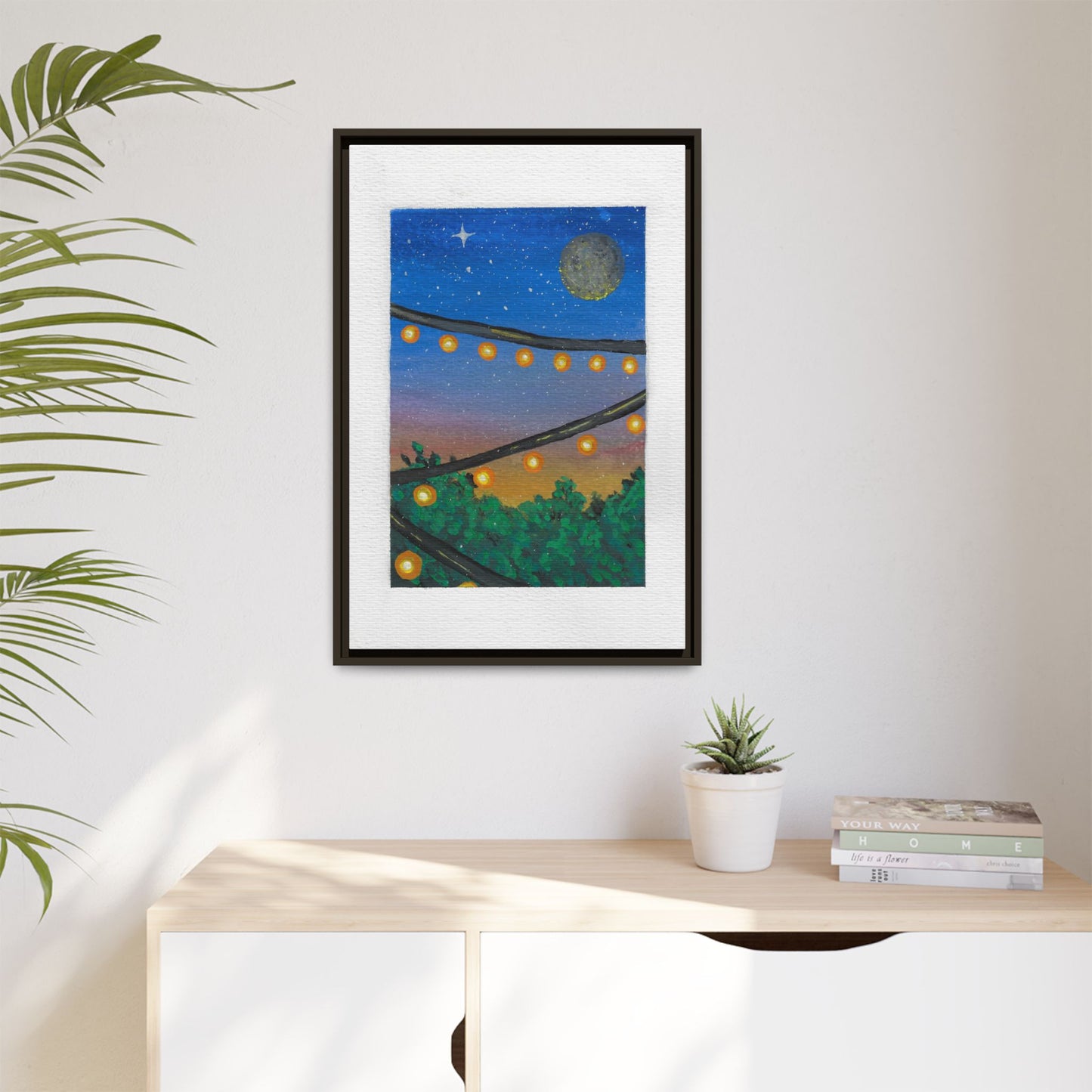 Framed Canvas Art - String Lights Night Sky Print