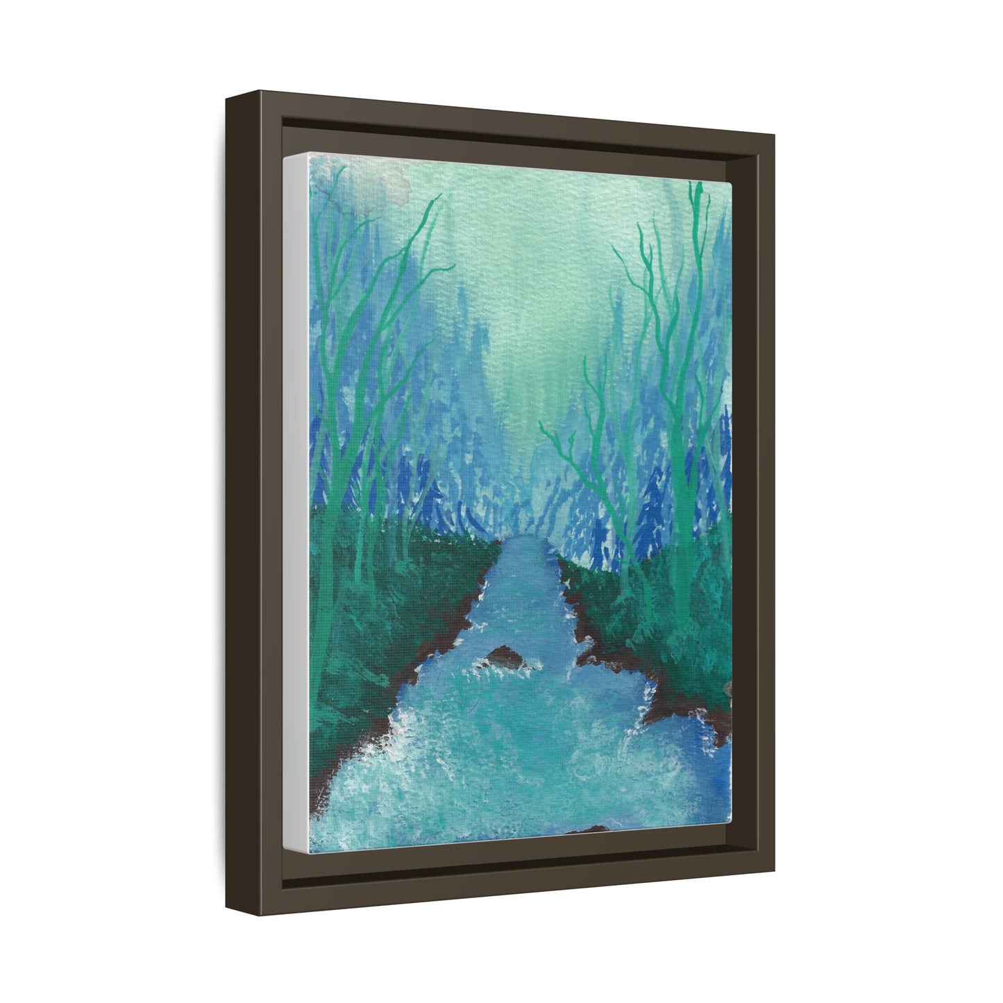 Framed Matte Canvas — Teal Forest River Landscape Wall Art