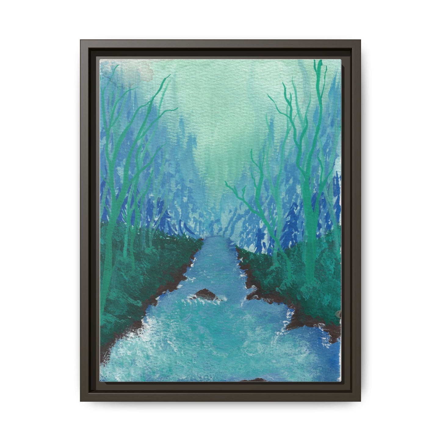 Framed Matte Canvas — Teal Forest River Landscape Wall Art