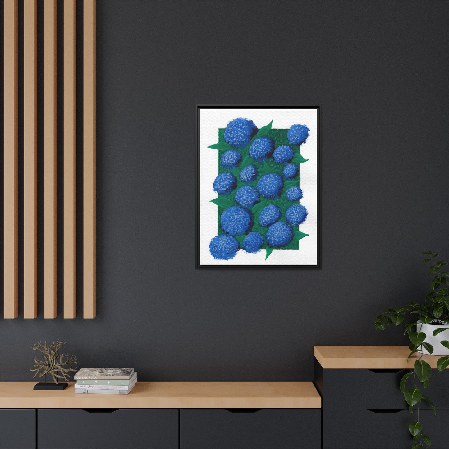 Framed Hydrangea Matte Canvas Print — Blue Floral Wall Art