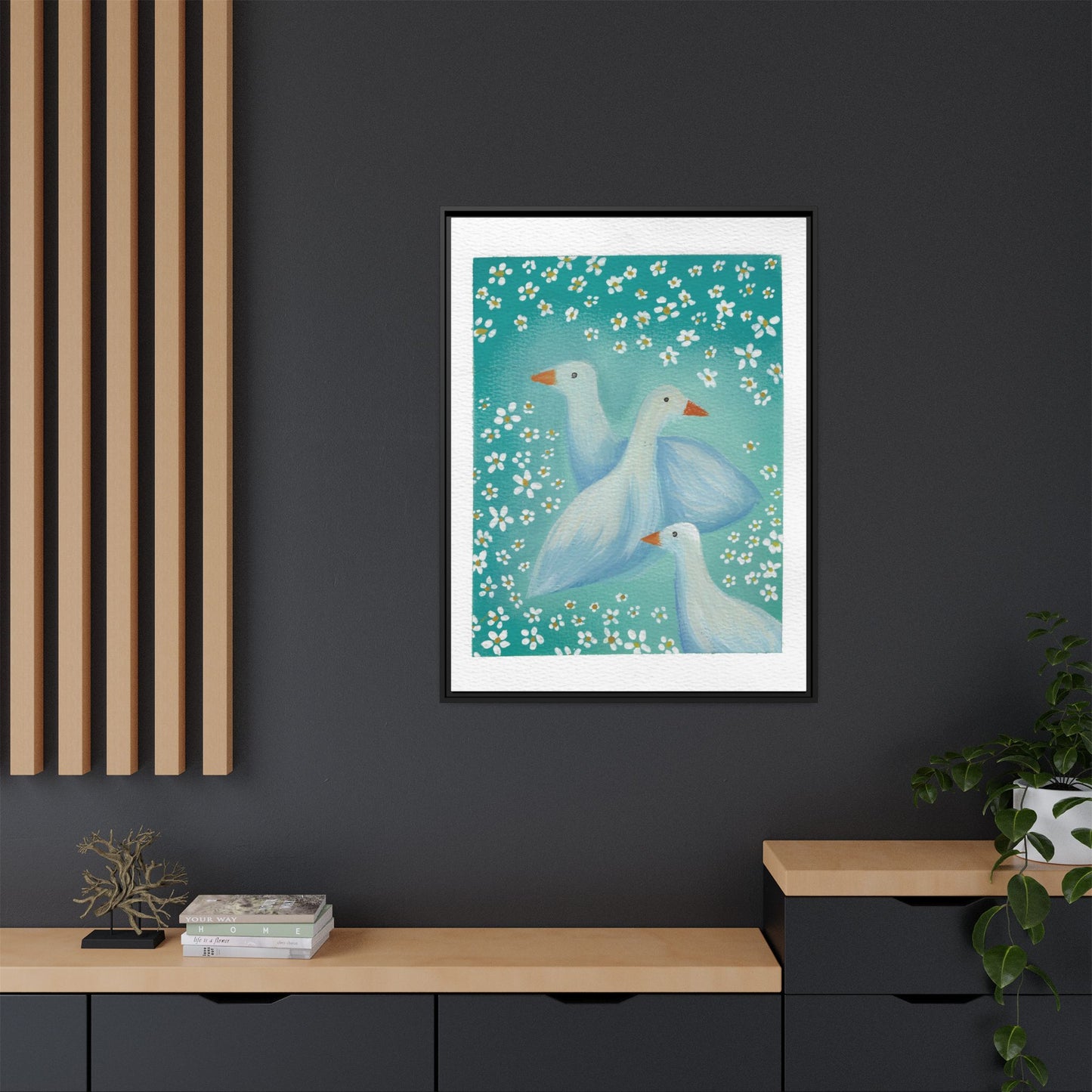 Framed Goose Canvas Print — Whimsical Floral Waterfowl Wall Art