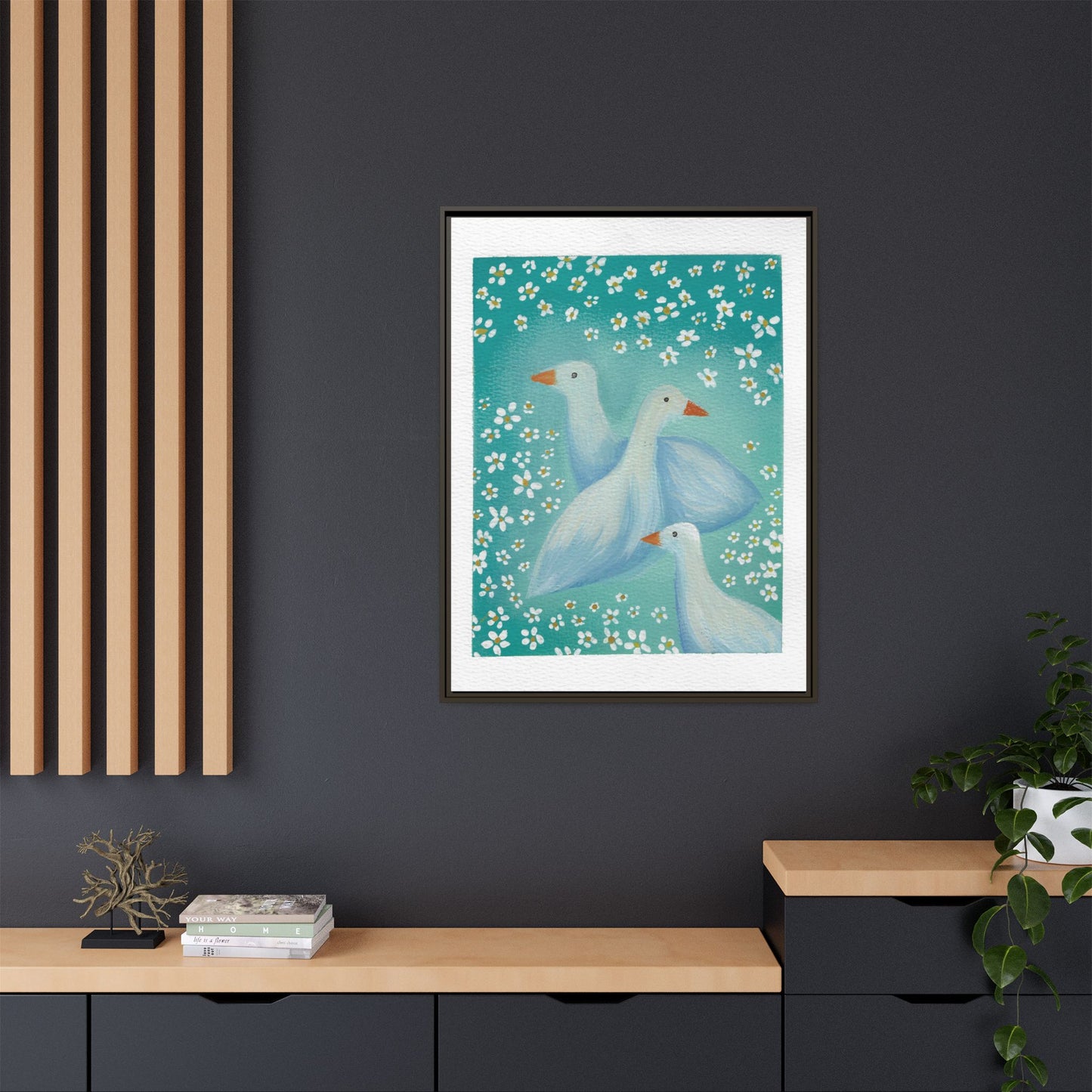 Framed Goose Canvas Print — Whimsical Floral Waterfowl Wall Art