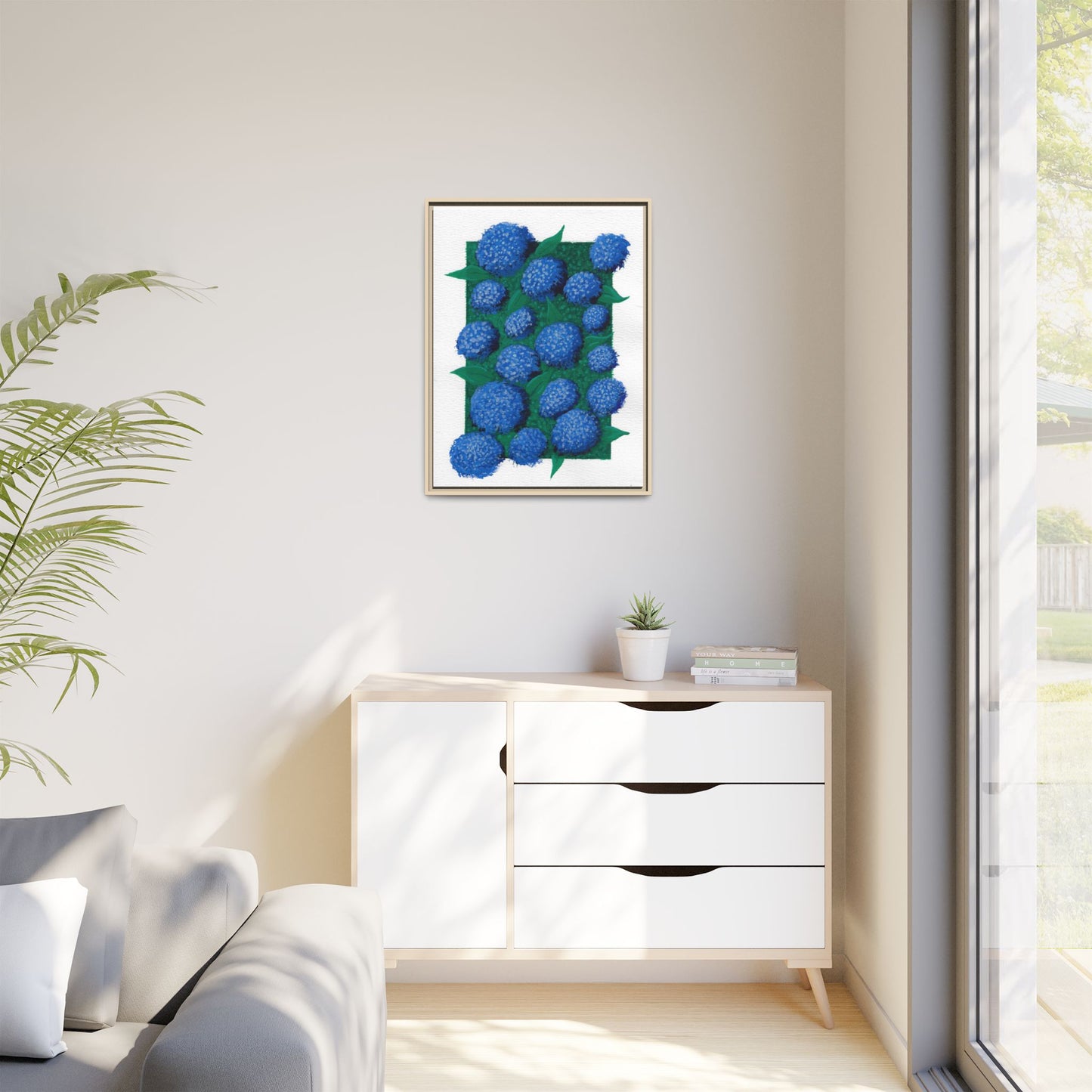 Framed Hydrangea Matte Canvas Print — Blue Floral Wall Art