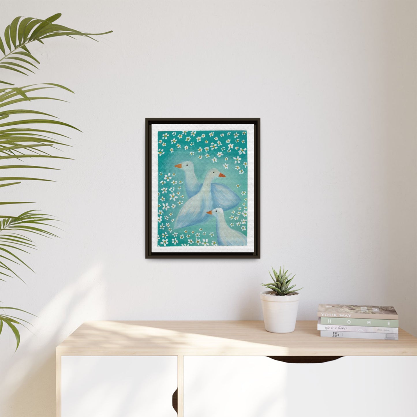 Framed Goose Canvas Print — Whimsical Floral Waterfowl Wall Art