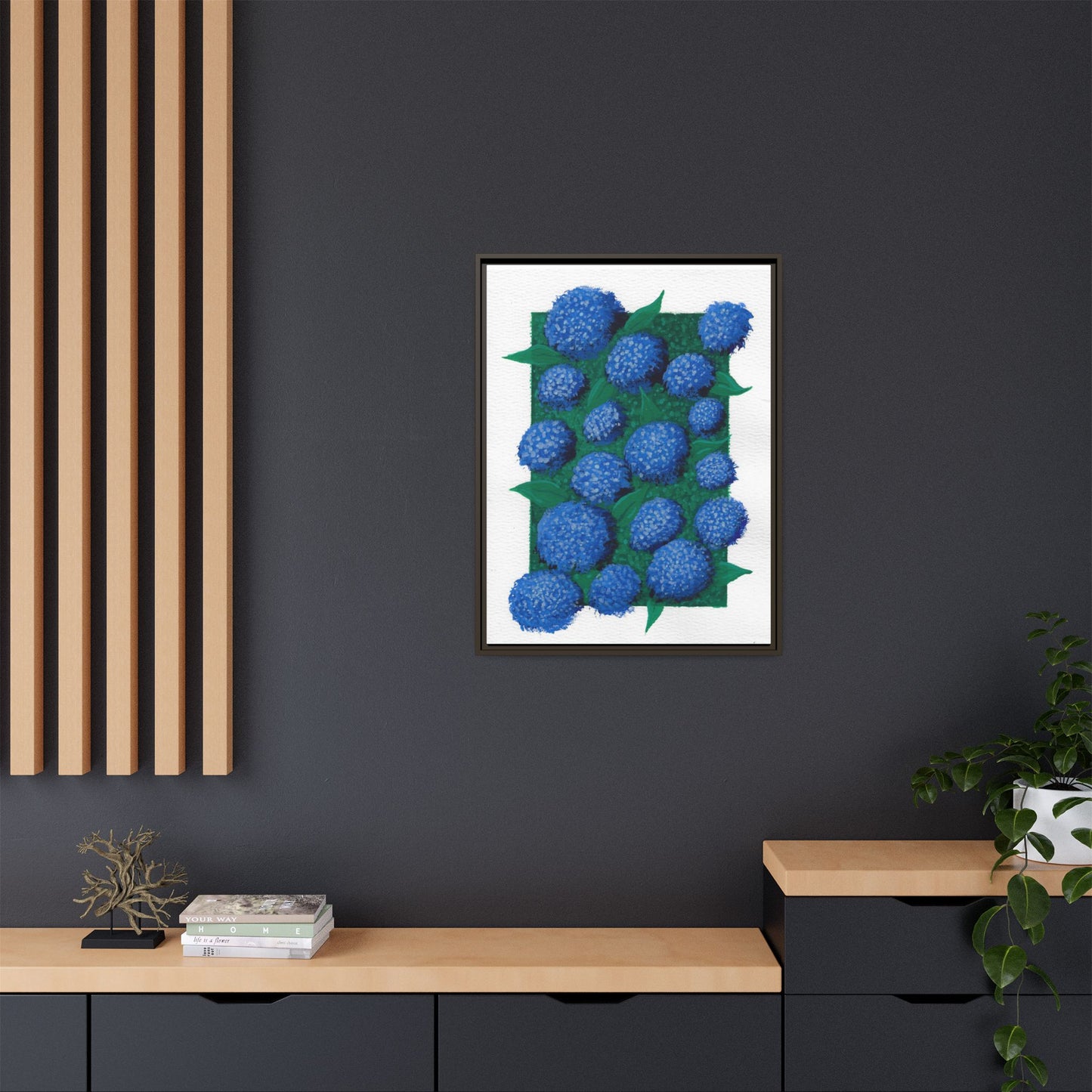 Framed Hydrangea Matte Canvas Print — Blue Floral Wall Art