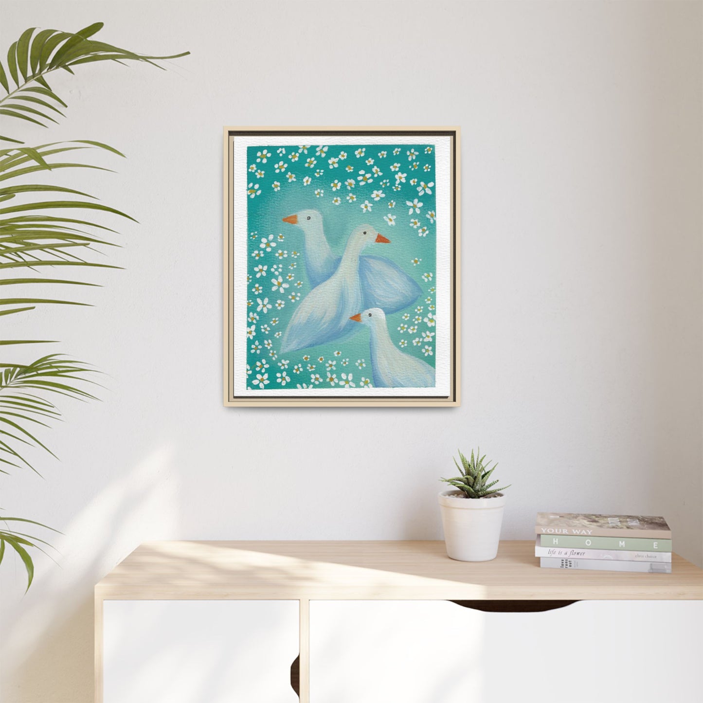 Framed Goose Canvas Print — Whimsical Floral Waterfowl Wall Art