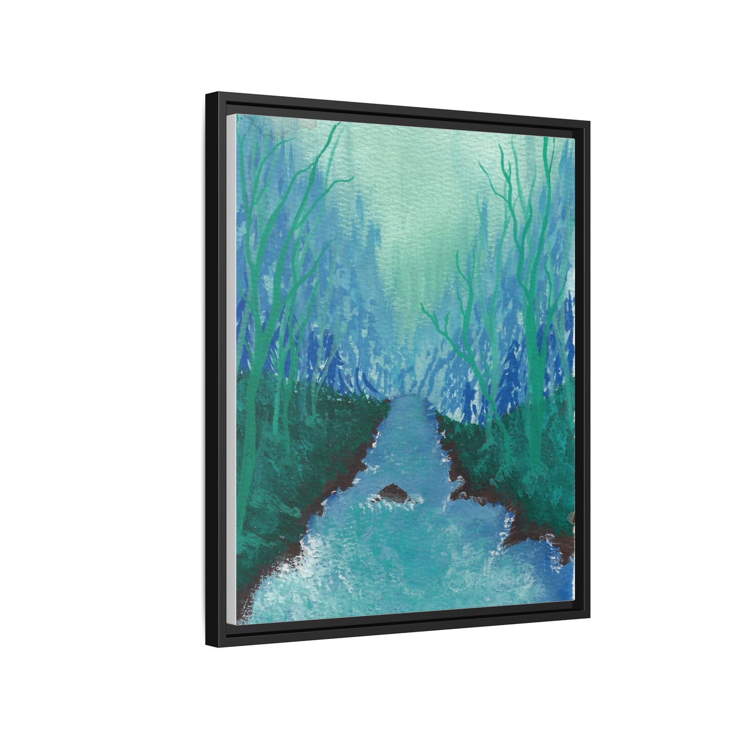 Framed Matte Canvas — Teal Forest River Landscape Wall Art