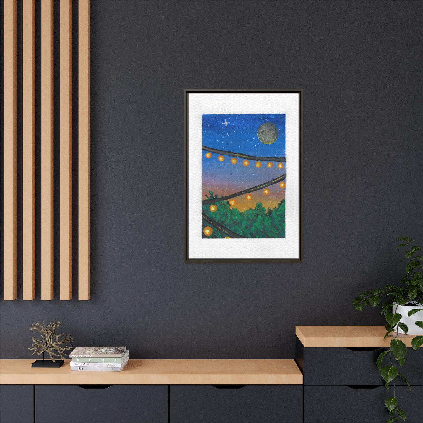 Framed Canvas Art - String Lights Night Sky Print