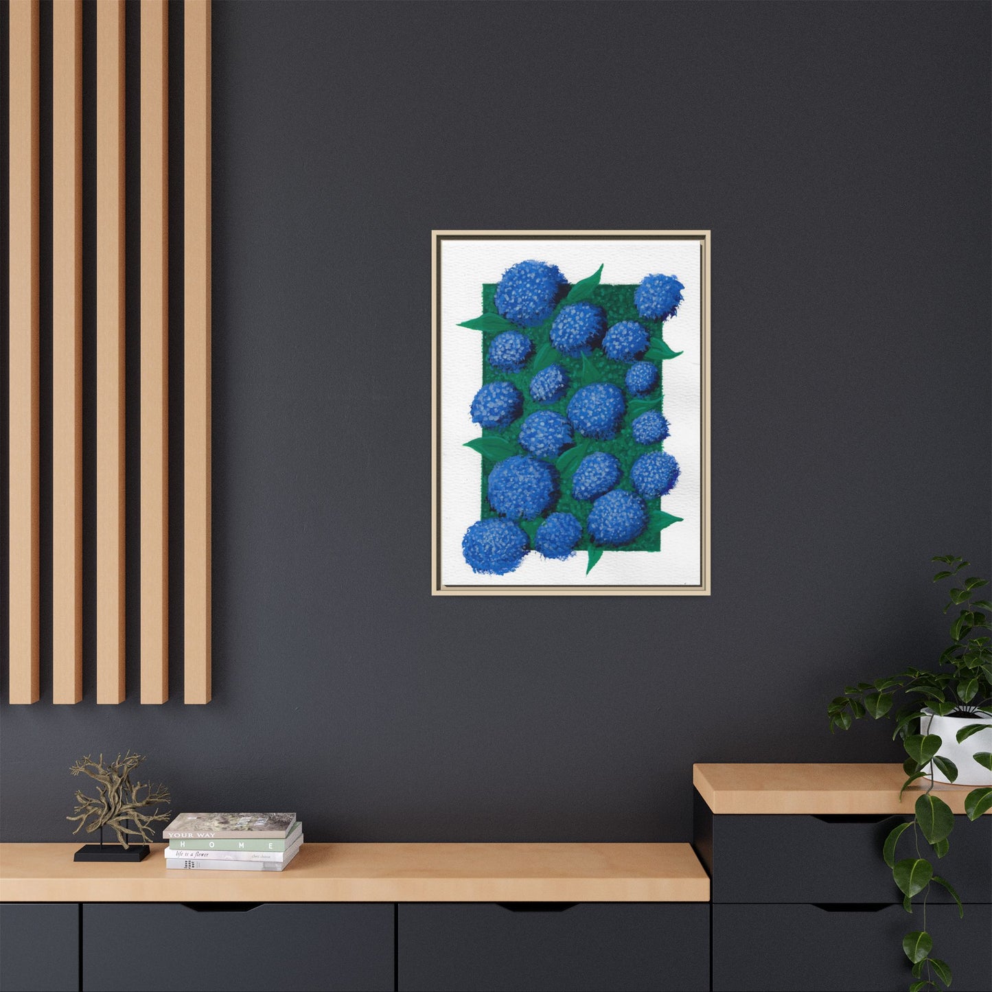 Framed Hydrangea Matte Canvas Print — Blue Floral Wall Art