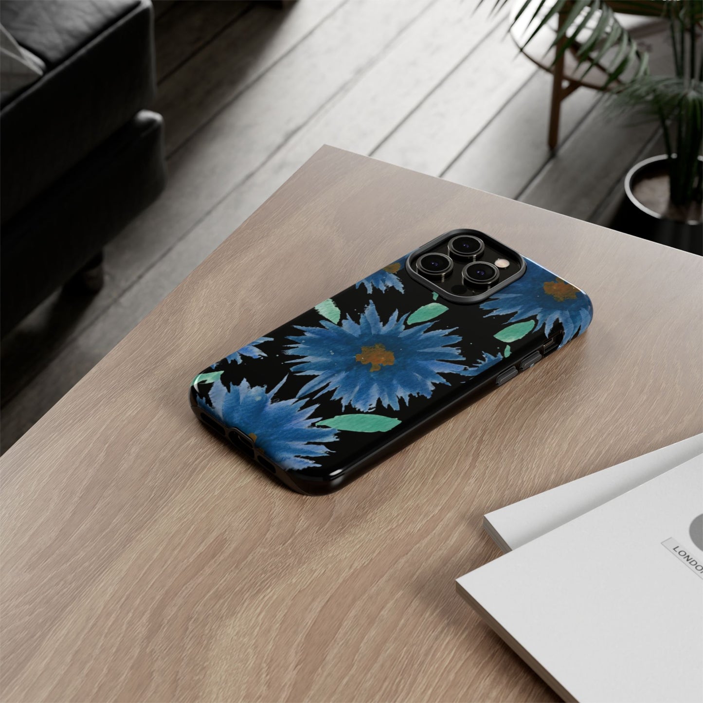 Blue Floral Tough Phone Case – Watercolor Daisy Protective Cover
