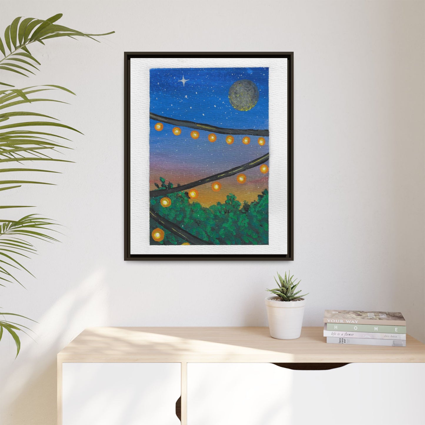 Framed Canvas Art - String Lights Night Sky Print