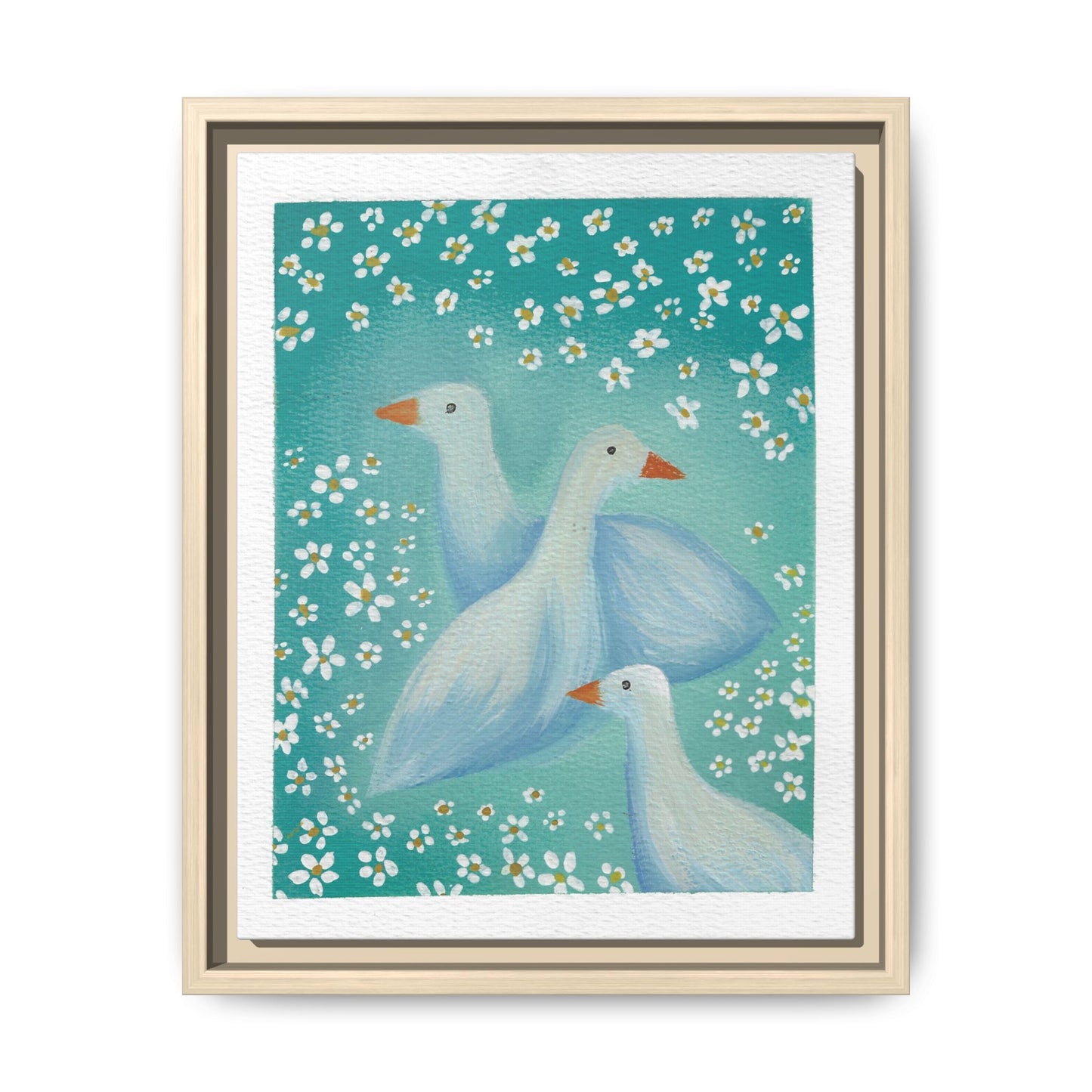 Framed Goose Canvas Print — Whimsical Floral Waterfowl Wall Art