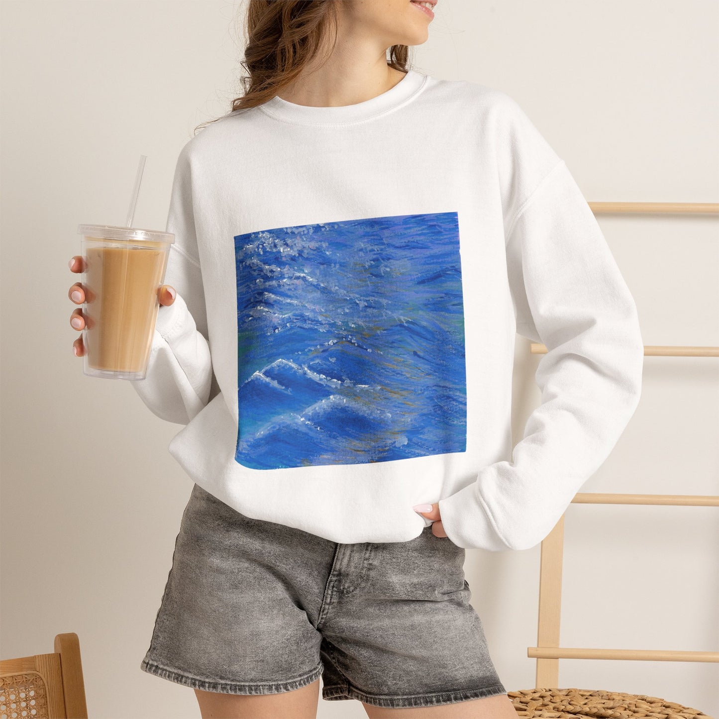 Ocean Waves Crewneck Sweatshirt — Blue Seascape Graphic Pullover