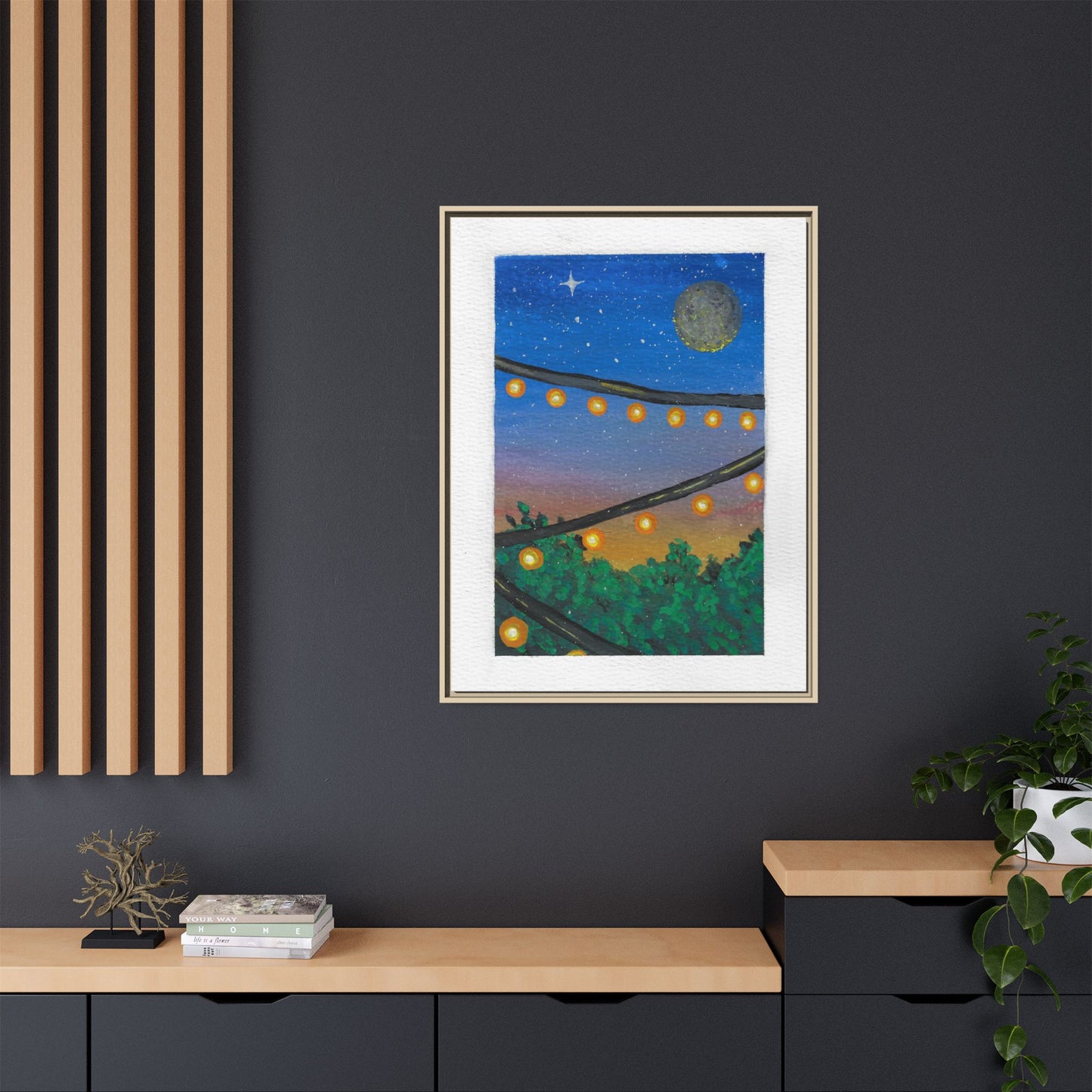 Framed Canvas Art - String Lights Night Sky Print