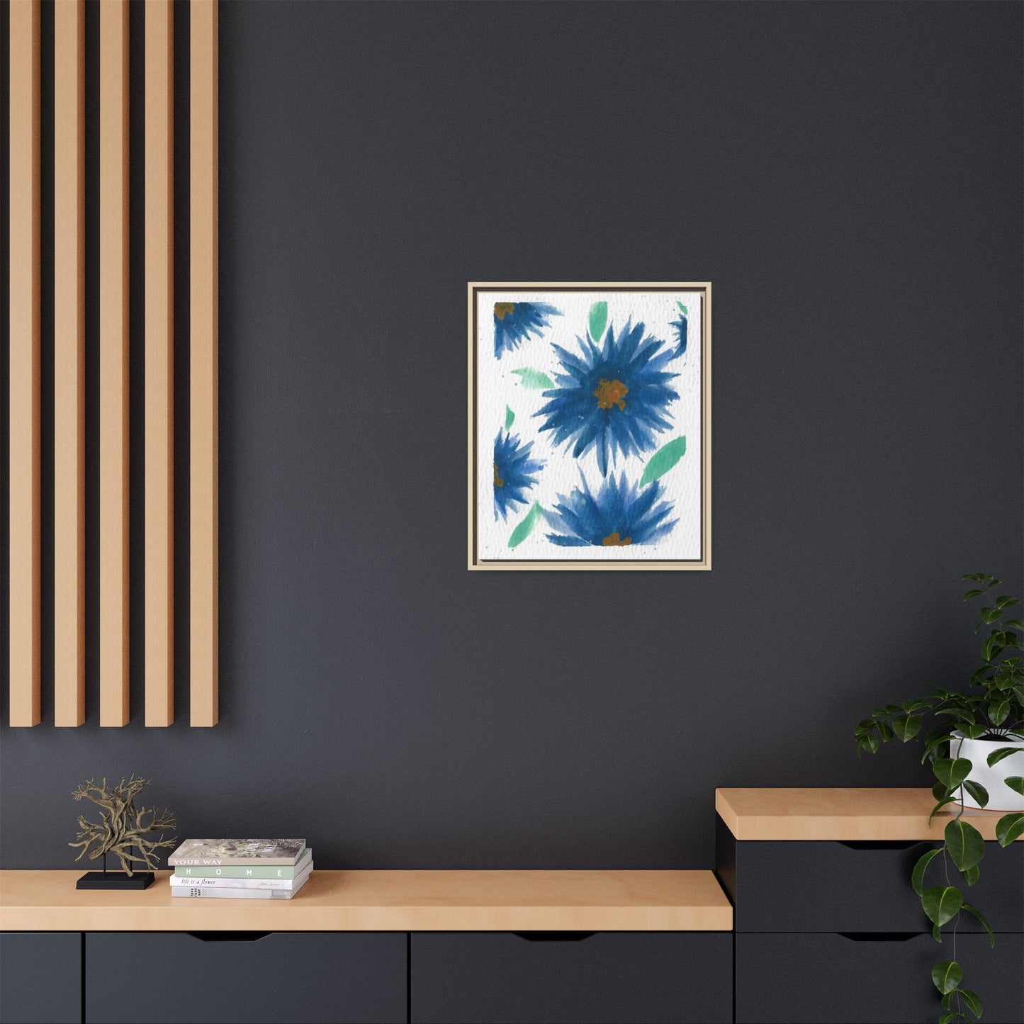 Blue Floral Canvas Print — Framed Matte Wall Art