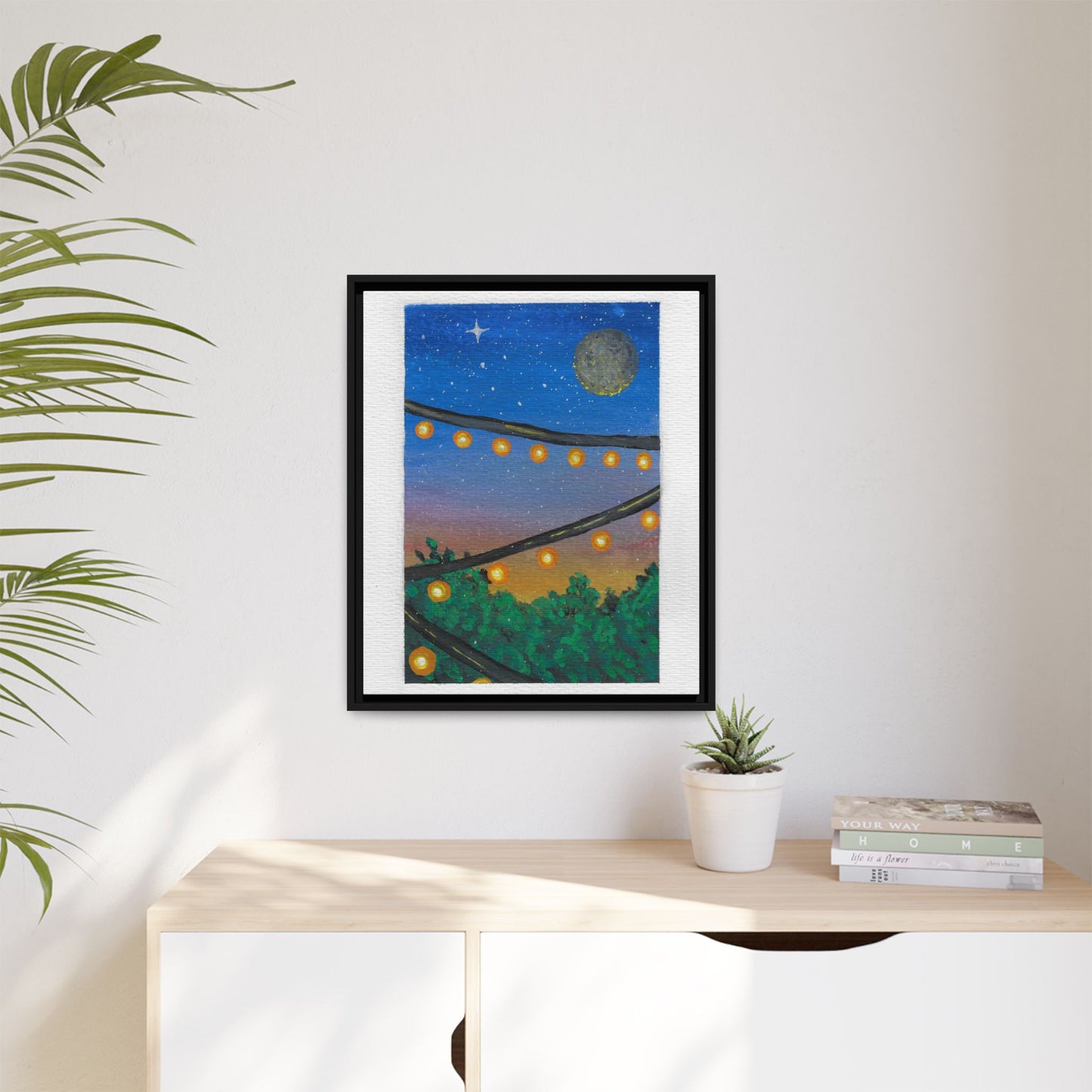 Framed Canvas Art - String Lights Night Sky Print