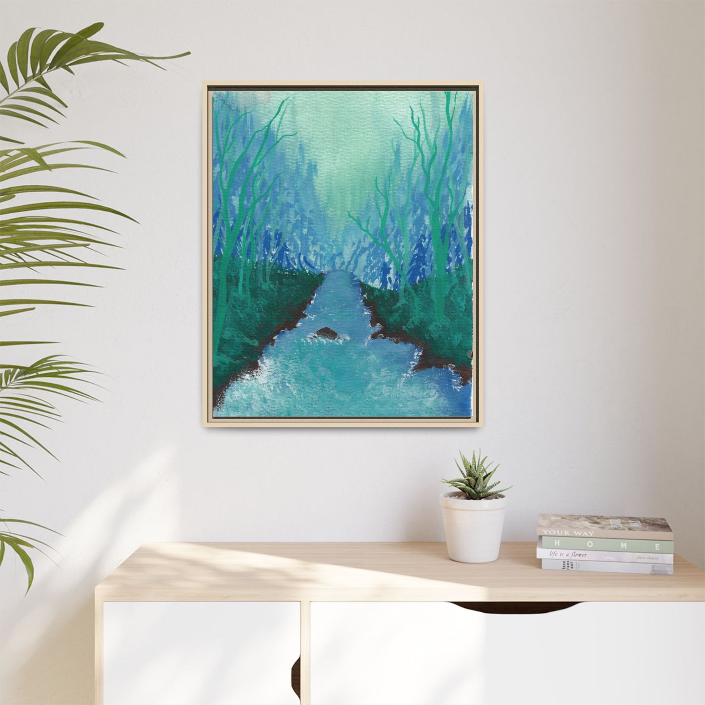 Framed Matte Canvas — Teal Forest River Landscape Wall Art