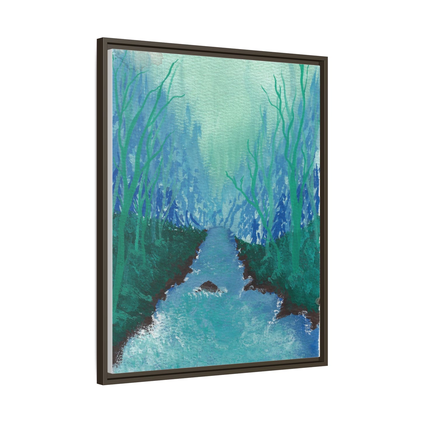 Framed Matte Canvas — Teal Forest River Landscape Wall Art