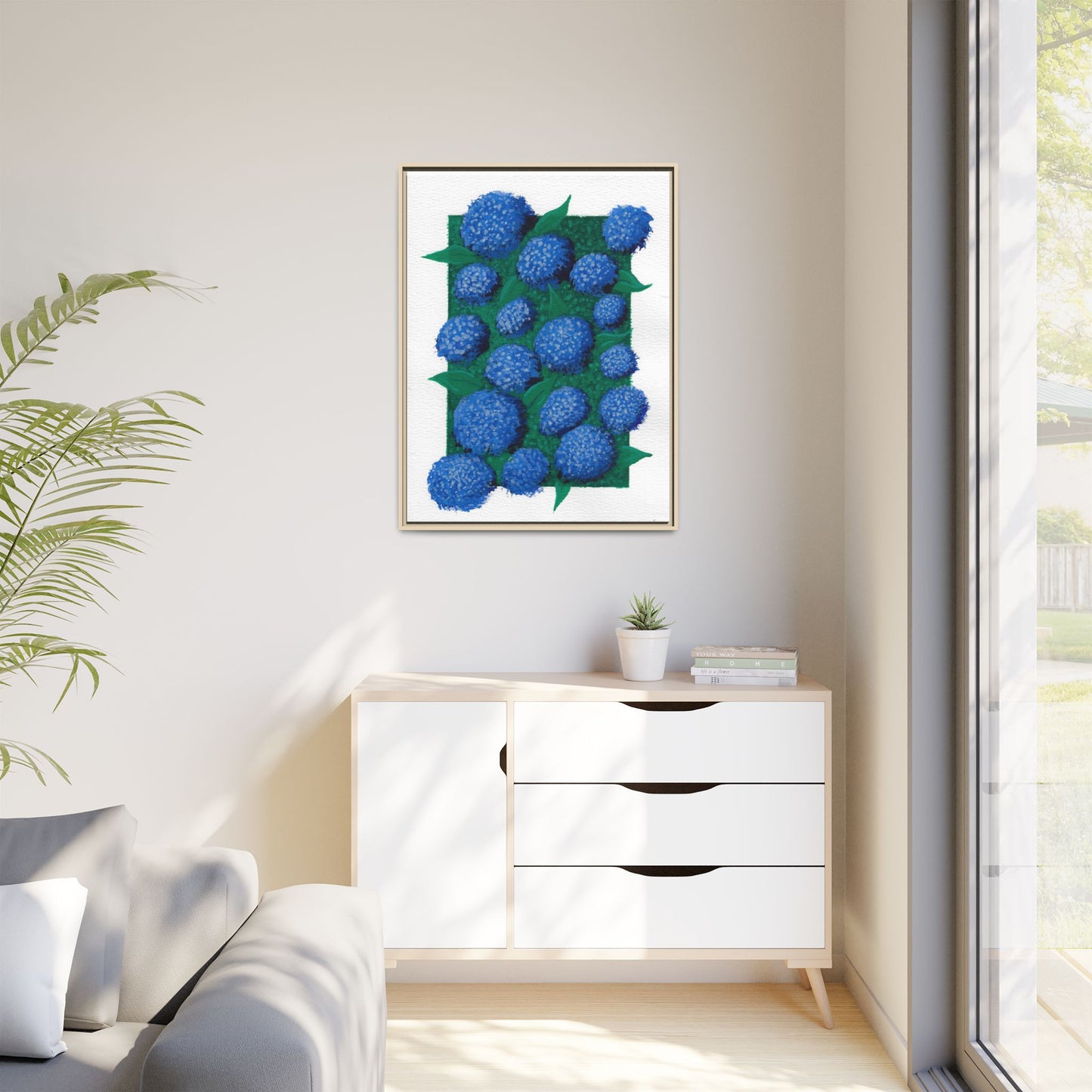 Framed Hydrangea Matte Canvas Print — Blue Floral Wall Art