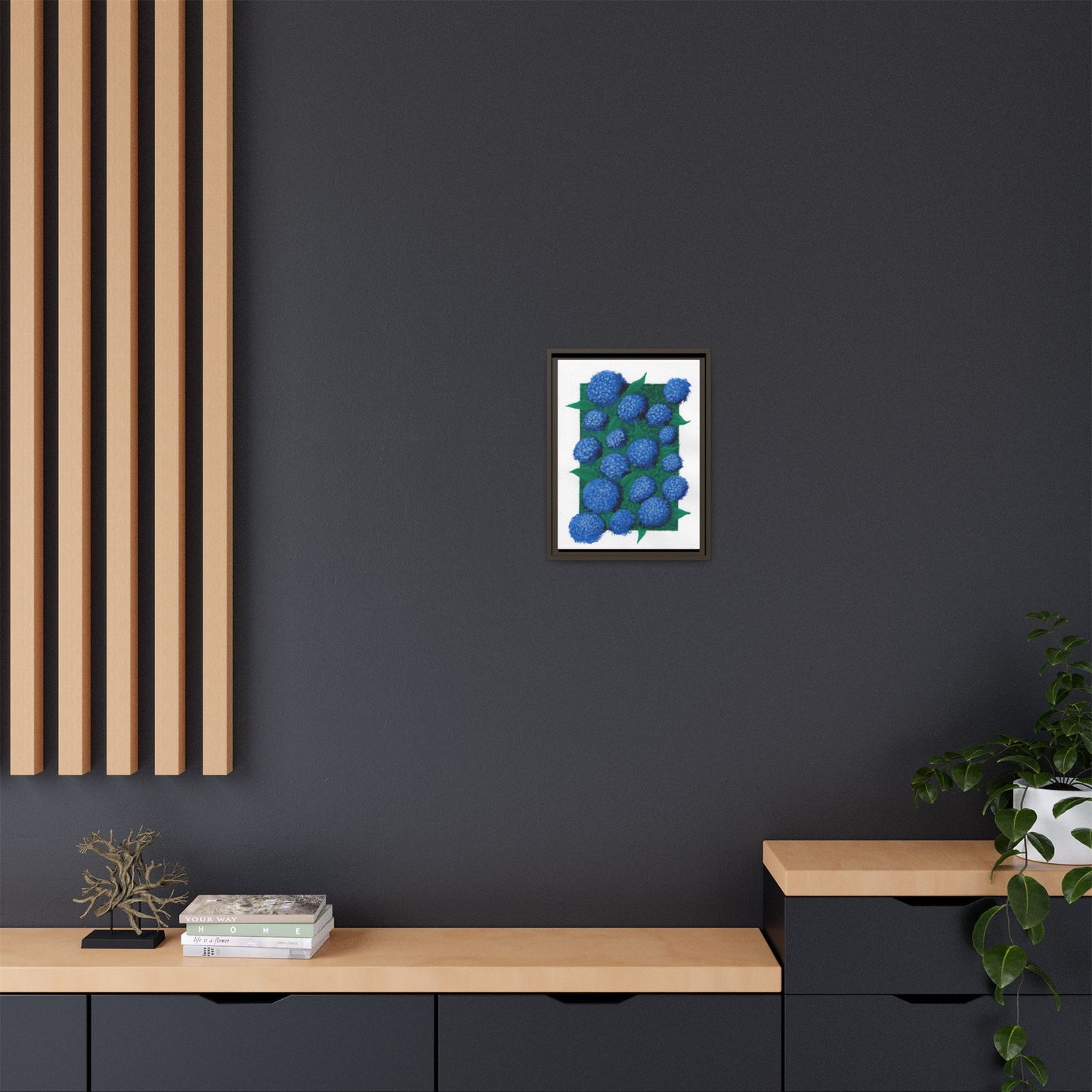 Framed Hydrangea Matte Canvas Print — Blue Floral Wall Art