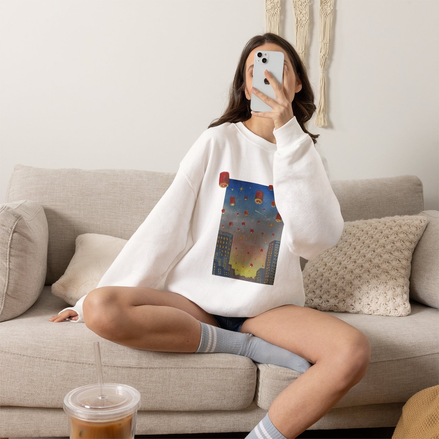 Lantern Festival Crewneck Sweatshirt — Sky of Floating Lanterns Graphic
