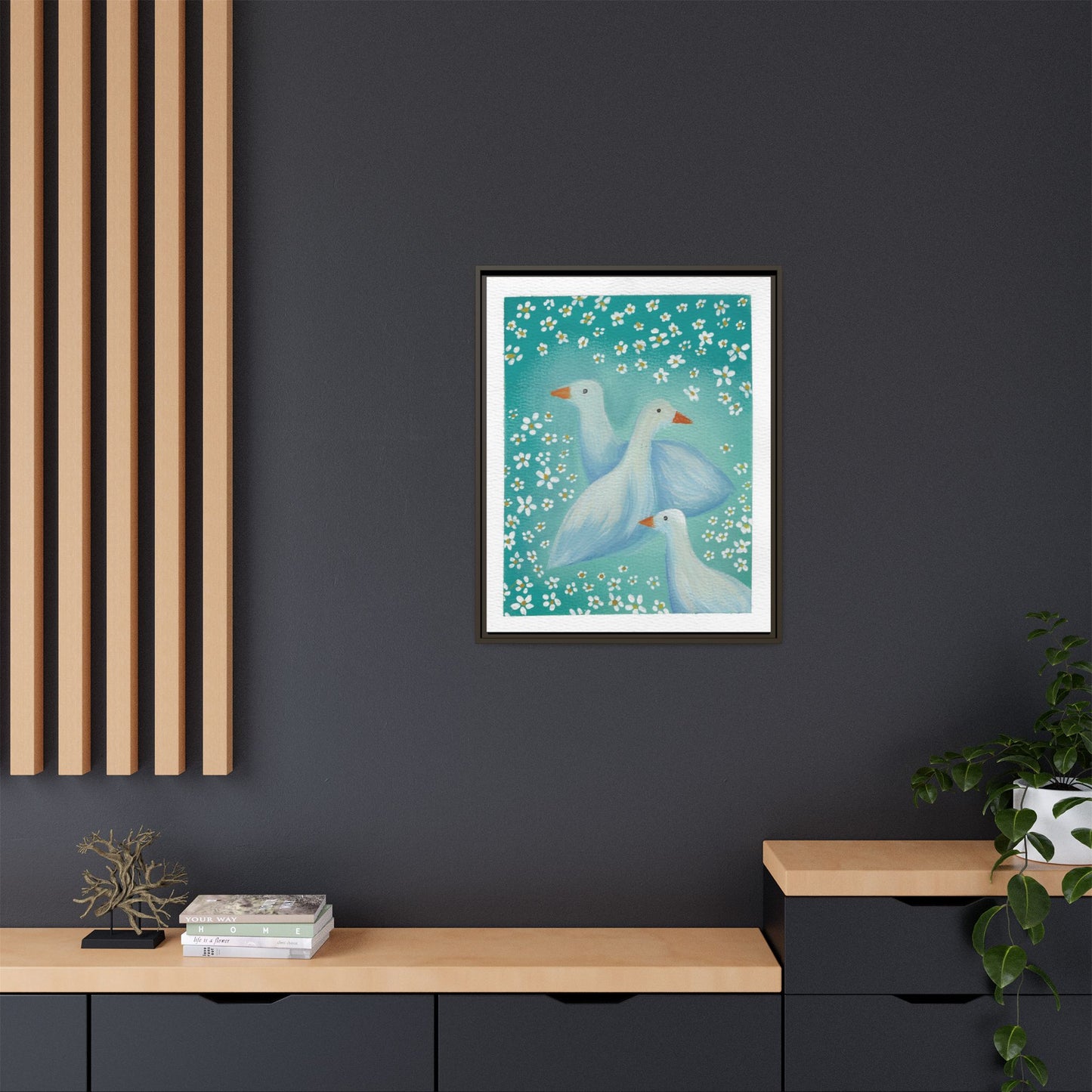 Framed Goose Canvas Print — Whimsical Floral Waterfowl Wall Art