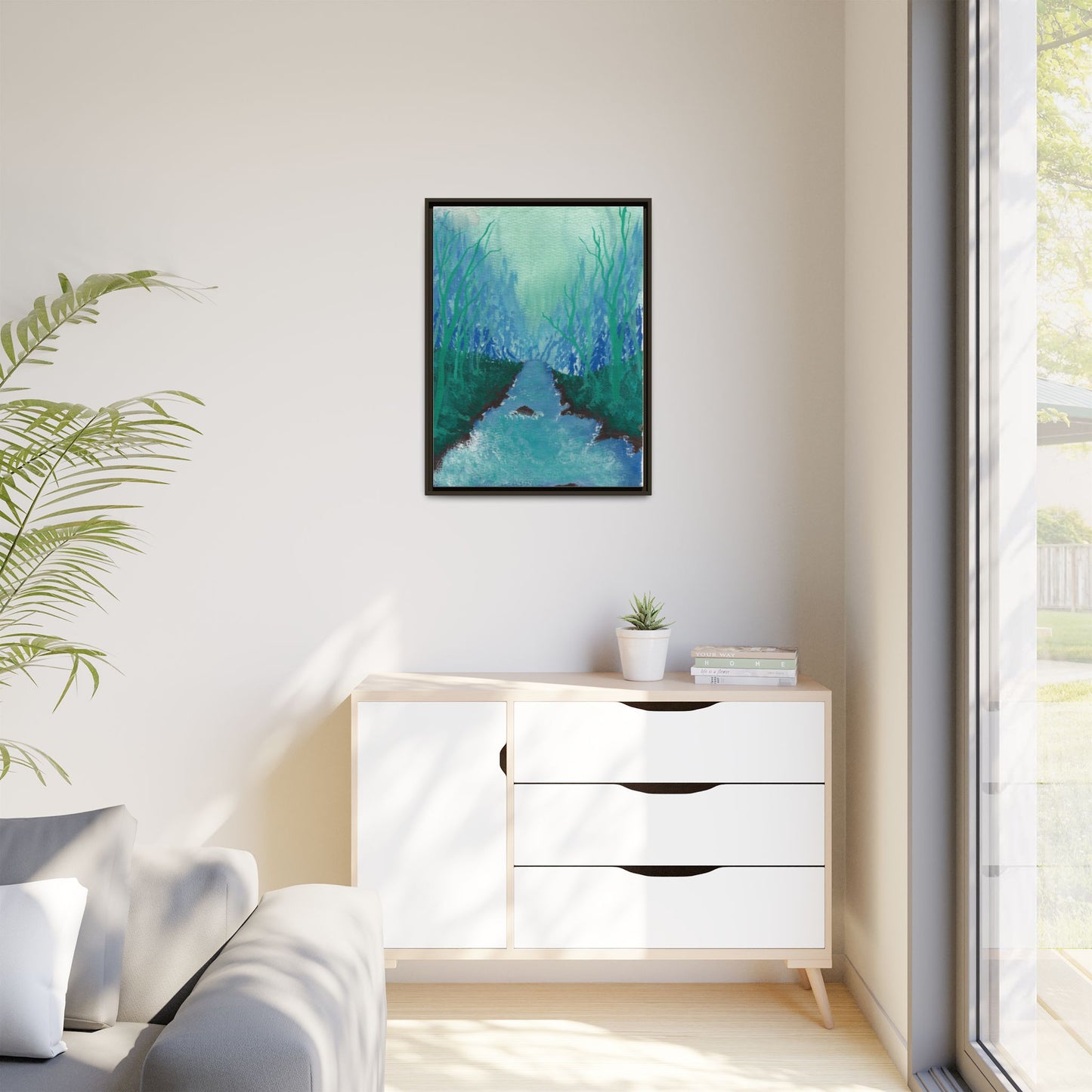 Framed Matte Canvas — Teal Forest River Landscape Wall Art
