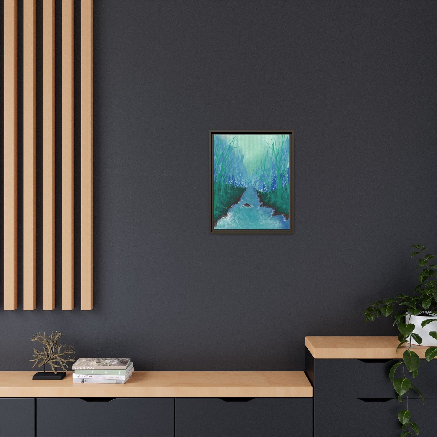 Framed Matte Canvas — Teal Forest River Landscape Wall Art