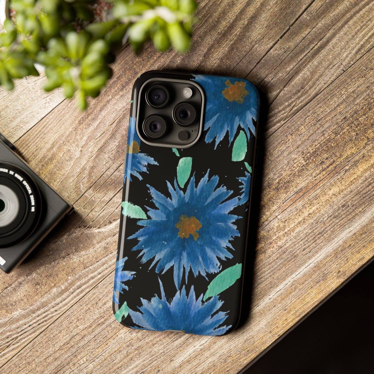 Blue Floral Tough Phone Case – Watercolor Daisy Protective Cover