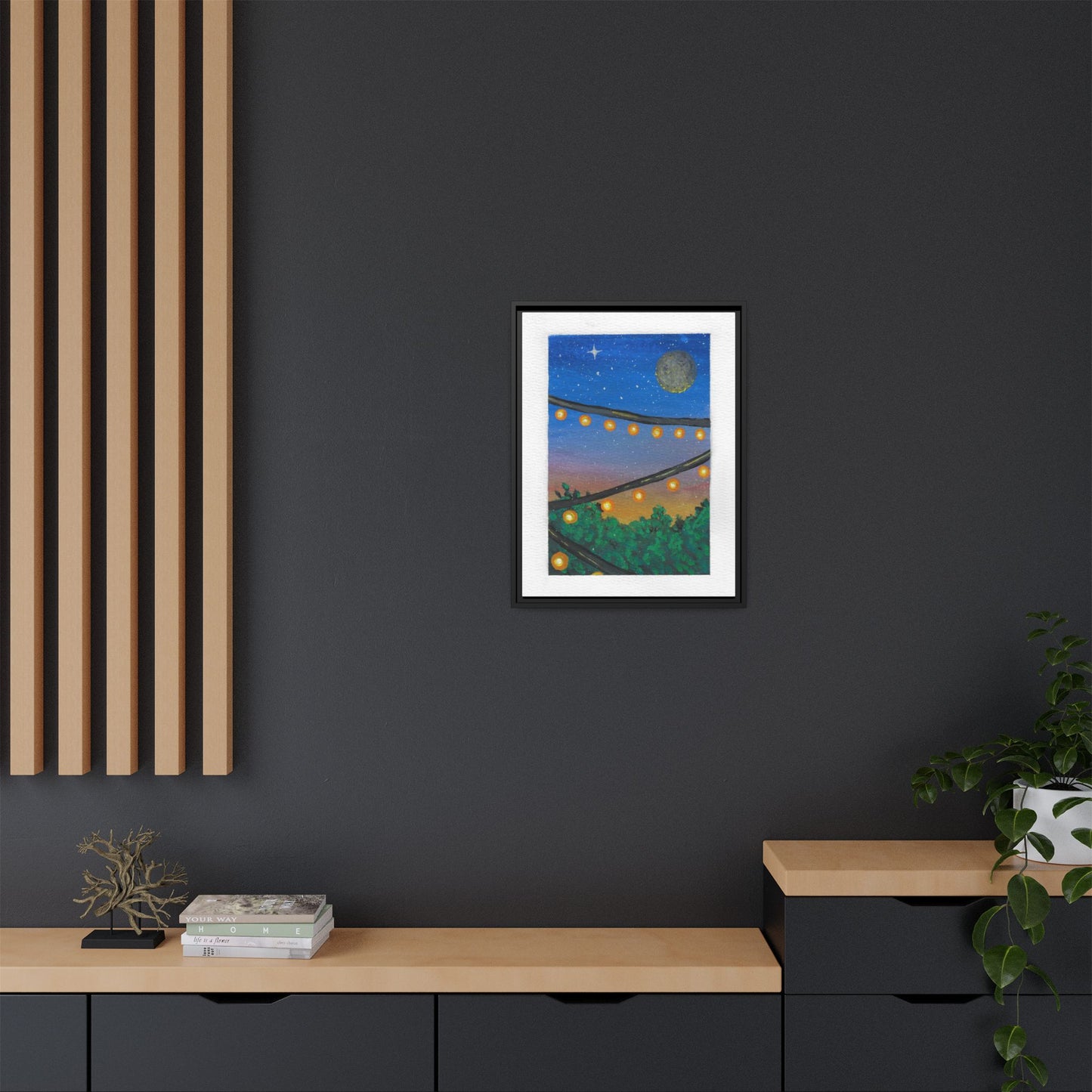 Framed Canvas Art - String Lights Night Sky Print