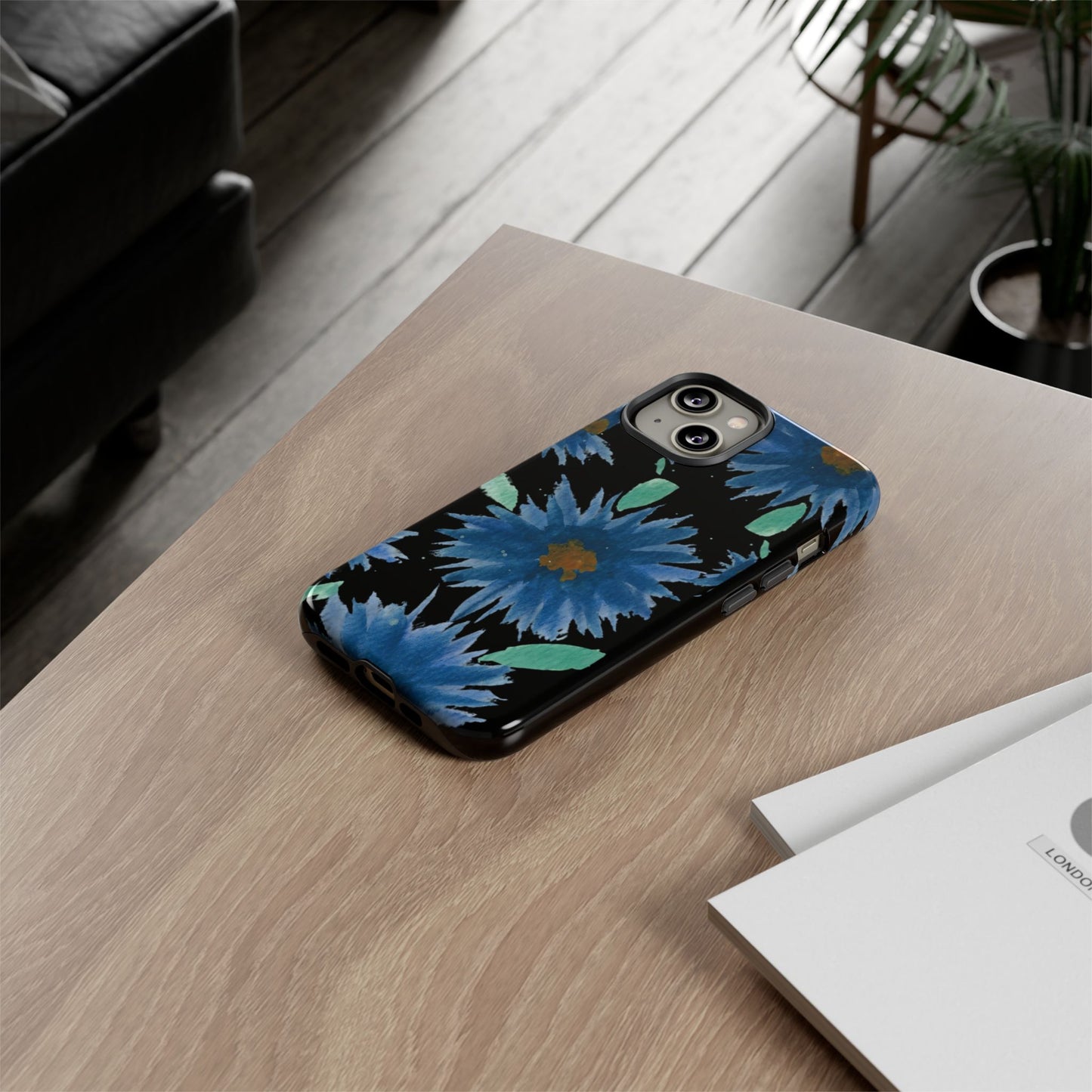 Blue Floral Tough Phone Case – Watercolor Daisy Protective Cover