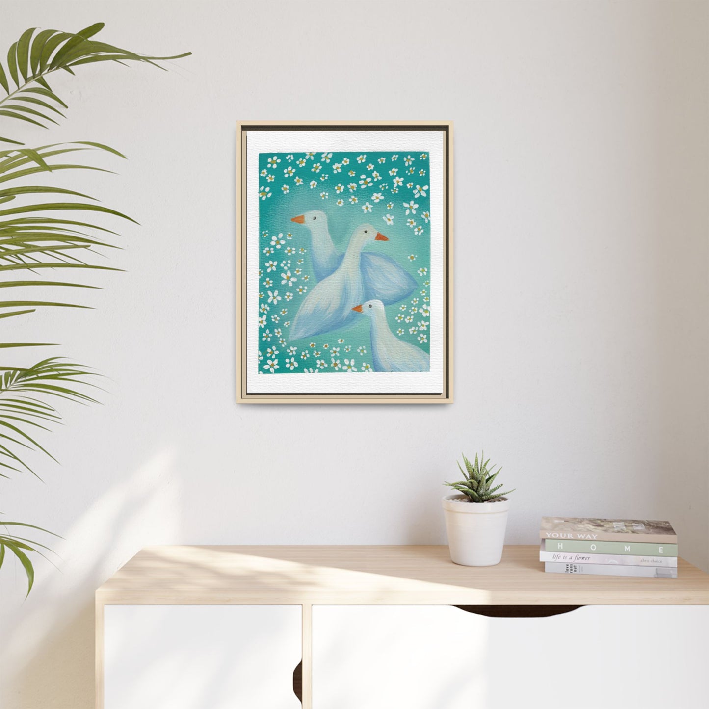 Framed Goose Canvas Print — Whimsical Floral Waterfowl Wall Art