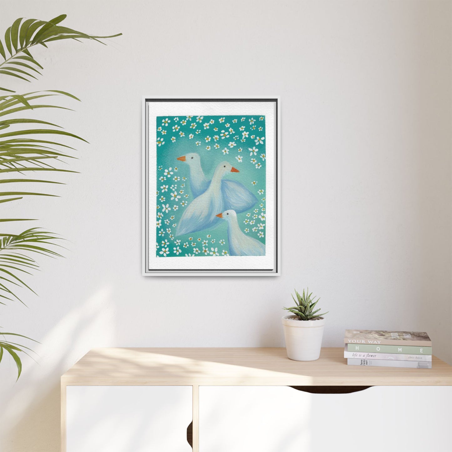 Framed Goose Canvas Print — Whimsical Floral Waterfowl Wall Art