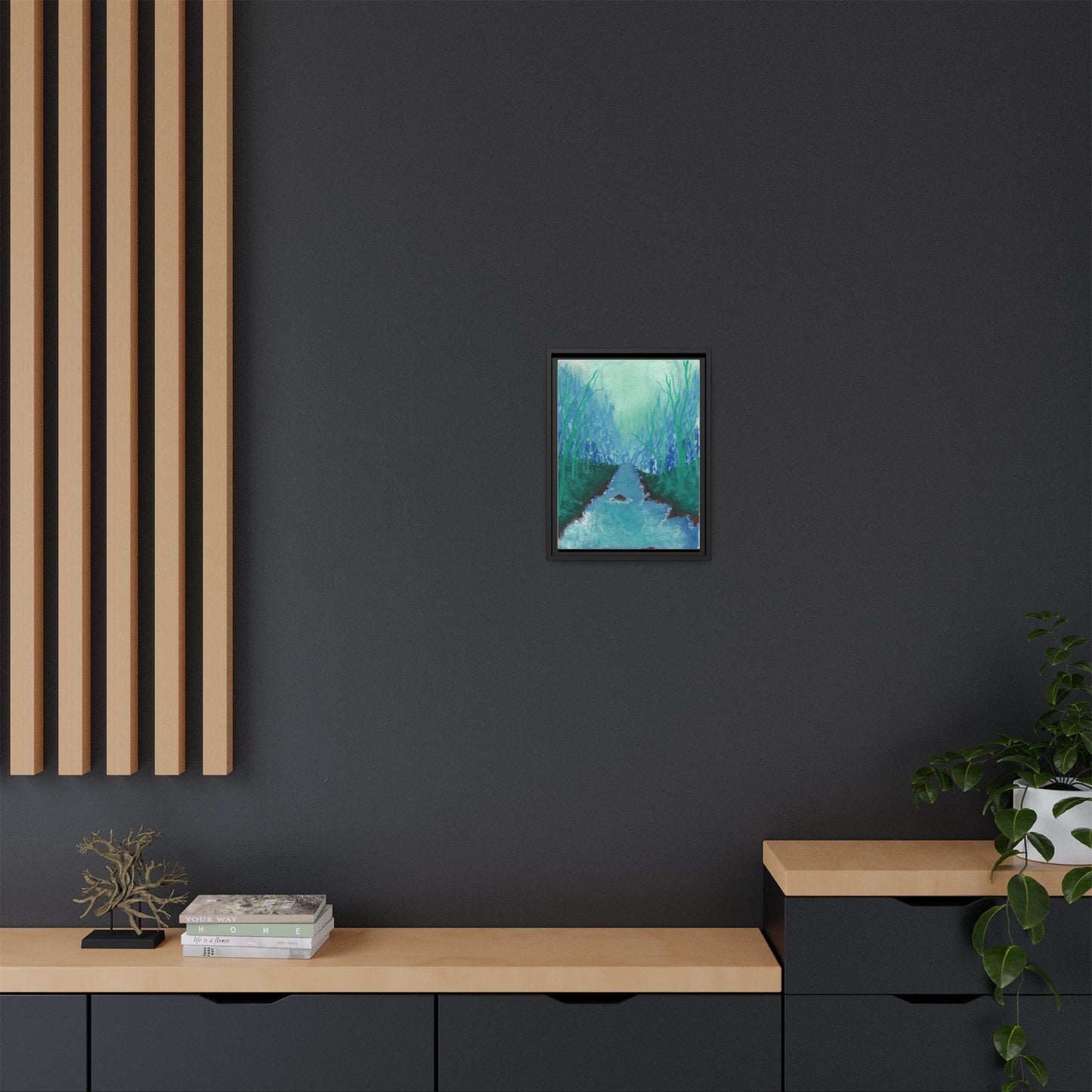 Framed Matte Canvas — Teal Forest River Landscape Wall Art